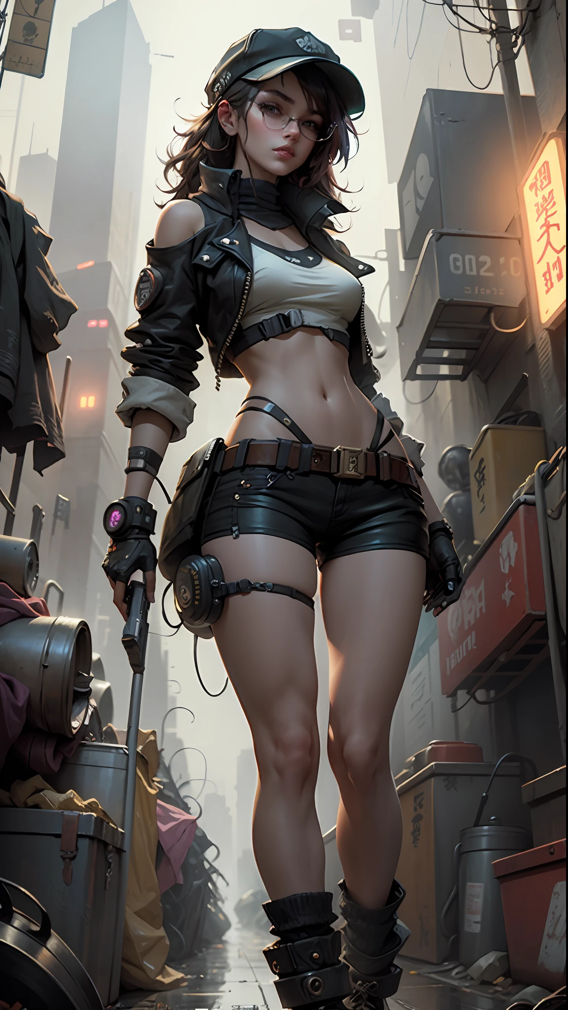 Beautiful woman with medium hair, hat, short clothes in steam cyberpunk style