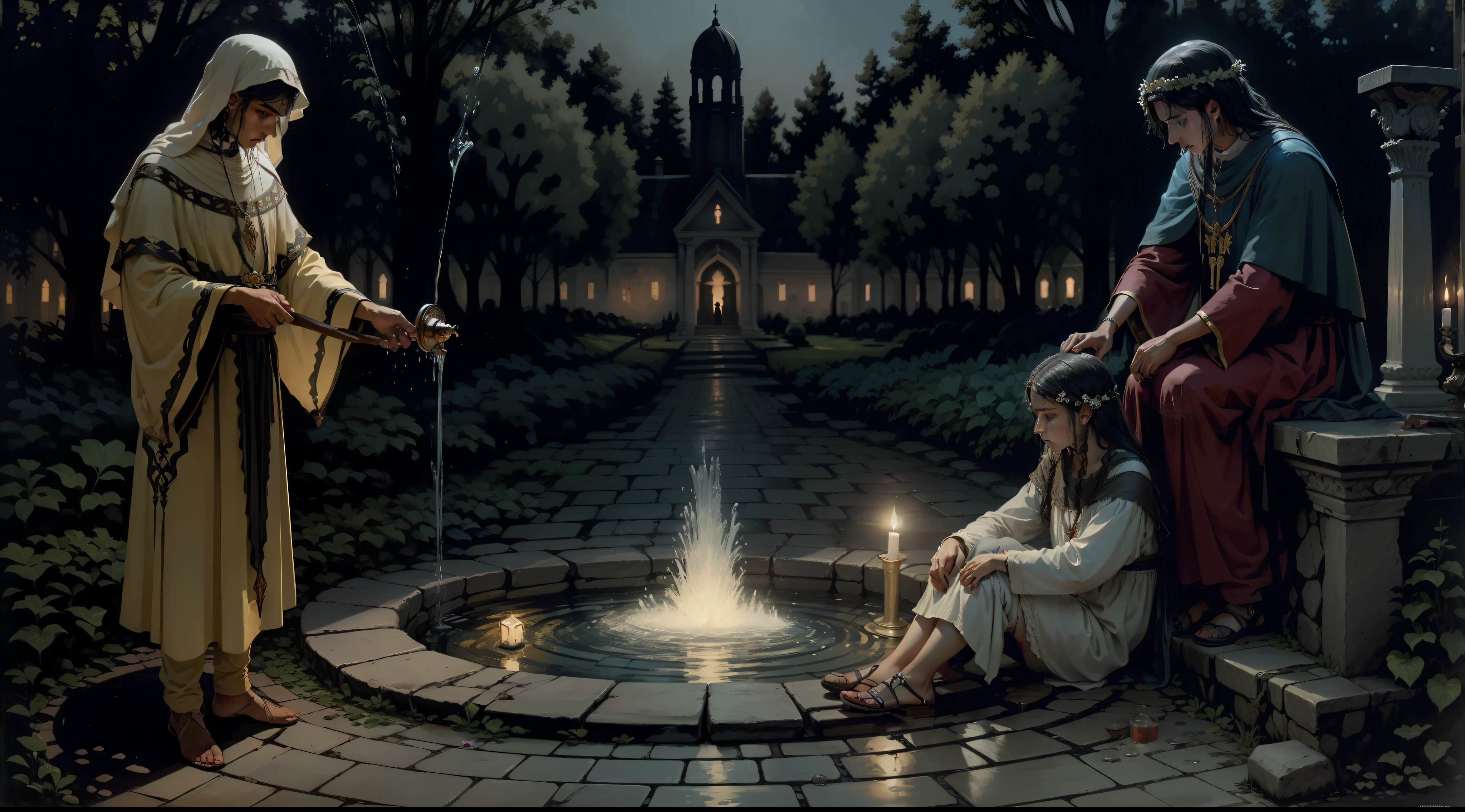 Thirsty and exhausted, they found the fountain on a dark night and, moved by necessity, drank from its waters. However, the priests of the place, prejudiced on account of their faith and dogmas, mercilessly punished the gypsies for their transgression,