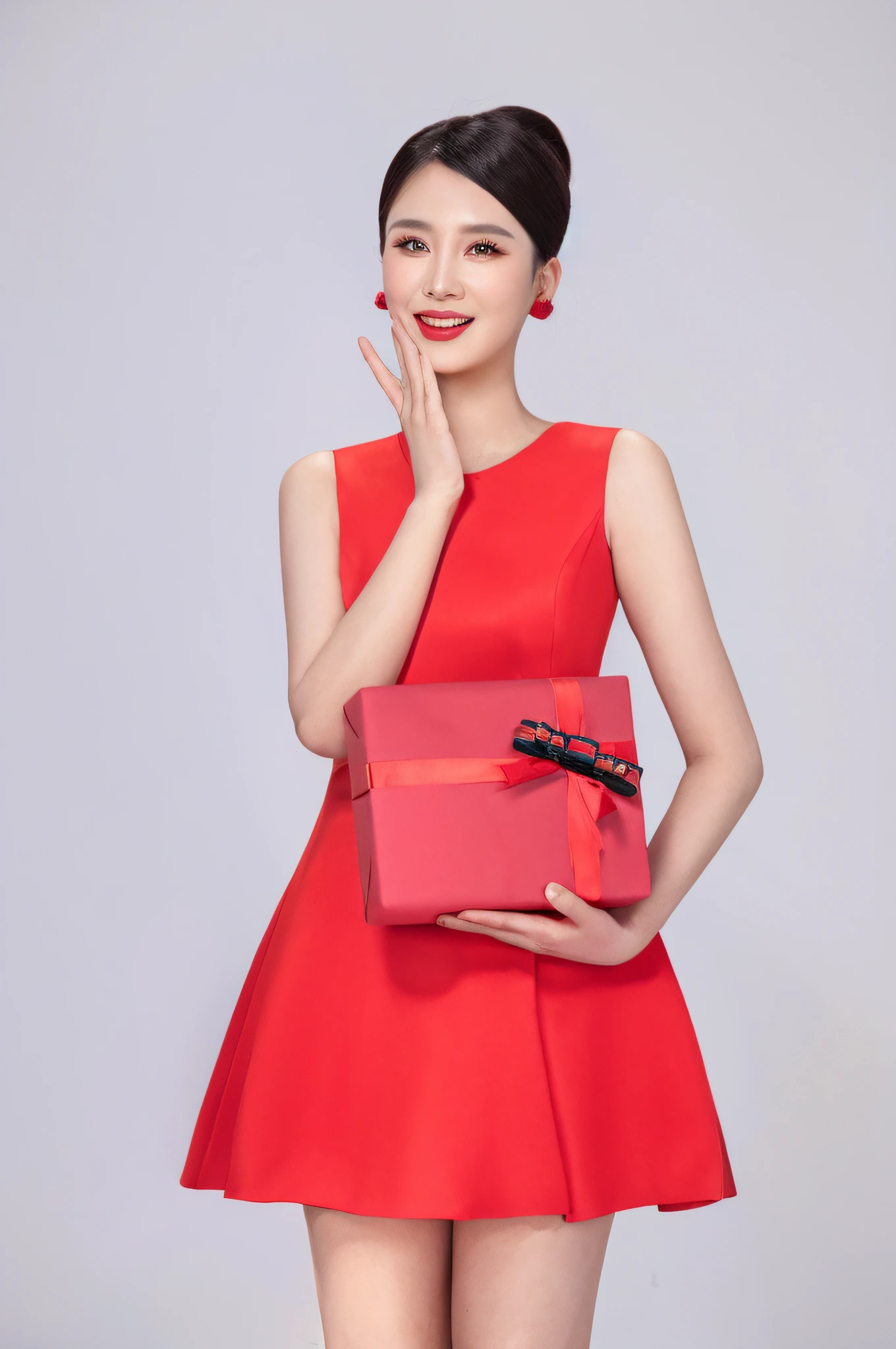 Araki woman in red dress holding red gift box, wearing red cheongsam, cheongsam, Shaxi, Li Bingbing, holding gifts, wearing red formal dress, inspired by Yao Tingmei, wearing red clothing, elegant red dress, Chinese woman, Korean female fashion model Lu Ji, girl wearing red