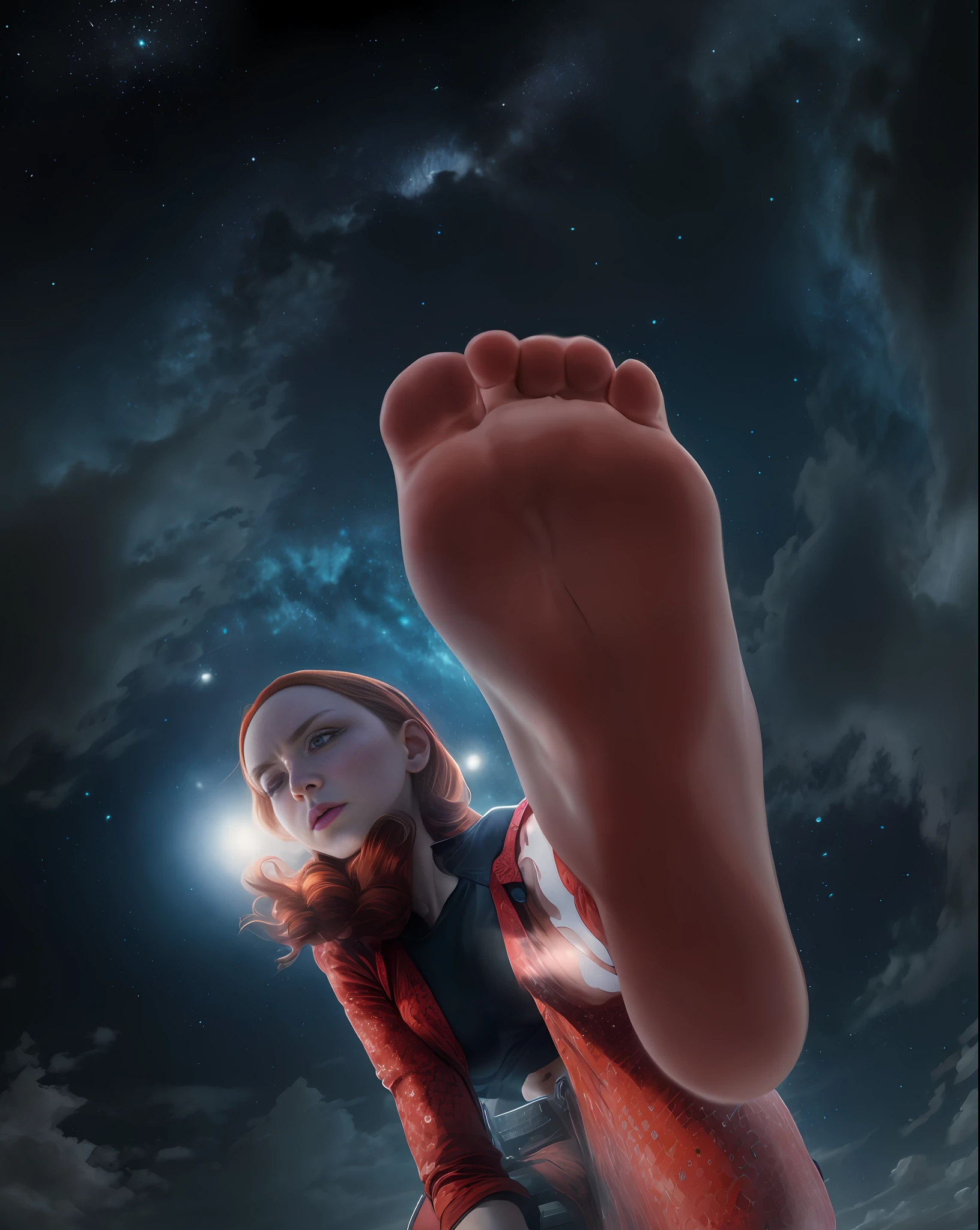 giant art, giant, crop top, crying, redhead, (((imposing on you)))), (full body), miniature crowd at your feet, stepping on the viewer, soles feet, starry sky, bob hair