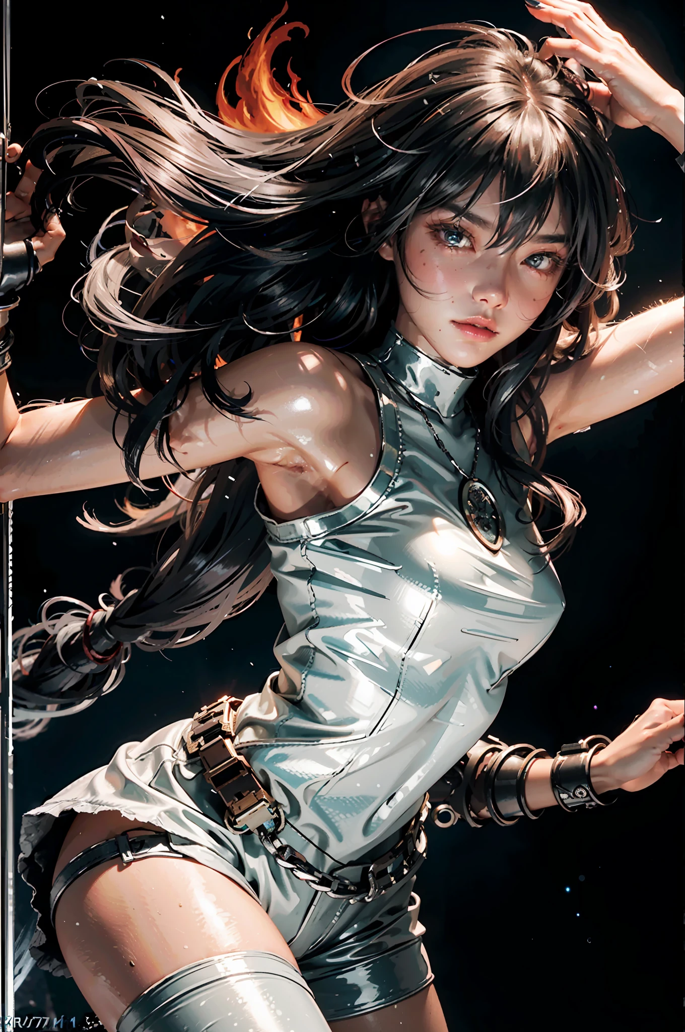 girl, solo, looking at the viewer, flat bangs, (young beautiful 18 year old girl: 1.1), supermodel, woman posing for a photo, stunning innocent face of symmetry, perfect body, medium breasts, thin waist, (highly detailed skin: 1.2), bright eyes, goddess, natural skin texture, white skin, beautiful detailed face, cute delicate face, expressive eyes, shiny hair, perfect anatomy, realistic skin texture, delicious glossy lips, natural makeup, beautiful shiny pupils, slim body, intricate eyes, detailed pupils, long eyelashes, blush, good hand, finely detailed skin, oily skin, BREAK, ((((ember, battlefield, volumetric mist, gray mist, (long white hair: 1.4), (silk ecstasy: 1.1), spider web, (chain: 1.1), (On a dark moonlit night: 1.6), (in a creepy ancient dungeon: 1.2), in a heavily guarded cage, moonlight shines through a small window, (In the center of the image is an assassin struggling to free herself from the shackles: 1.4), (She breaks the thick iron chain with incredible force: 1.3), (Terrifying werewolf soldiers guarding the prison came from all directions with weapons: 1.5), (Destroyed buildings: 1.2), (ruined walls: 1.1), (scars: 1.3), claw marks, (splashing flames: 1.3), (huge werewolf claws, wolf eyes with green light: 1.2), (a pack of wolves surrounded it: 1.6), full of murderous fighting state, (blood moon: 1.4), chilling atmosphere, flames, cobwebs, candles, (torture tools: 1.1), (floating colored glows: 1.2), (energy beams: 1.3), cyberpunk neon light, volcano (lava: 1.1), Doomsday atmosphere, flames rising into the sky, candlelight, desperate and defenseless prisoners, jail, prison, East Asian architecture, skeletons, horror, chilling, bloody, huge war battle scene, epic confrontation, two armies, battle scene, epic battle, war)))),