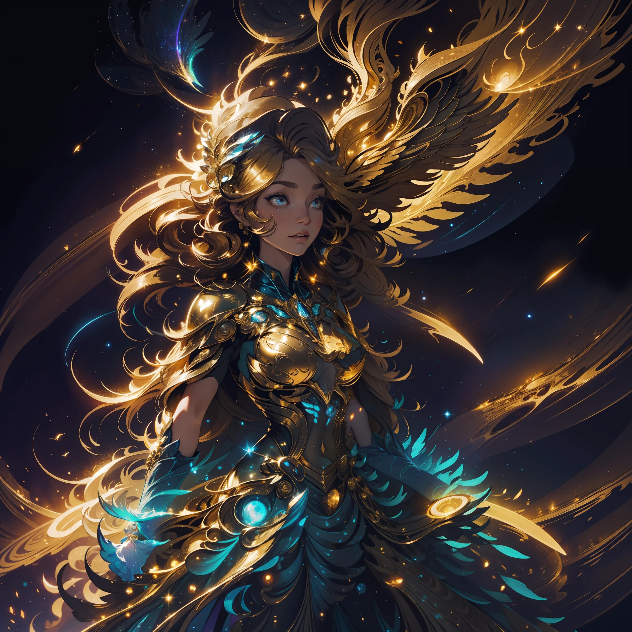 A woman with long, golden hair, with majestic wings on her back, is standing in a nocturnal landscape illuminated by a soft light. Her dress is golden and fluid, matching perfectly with the glow of the stars in the background.