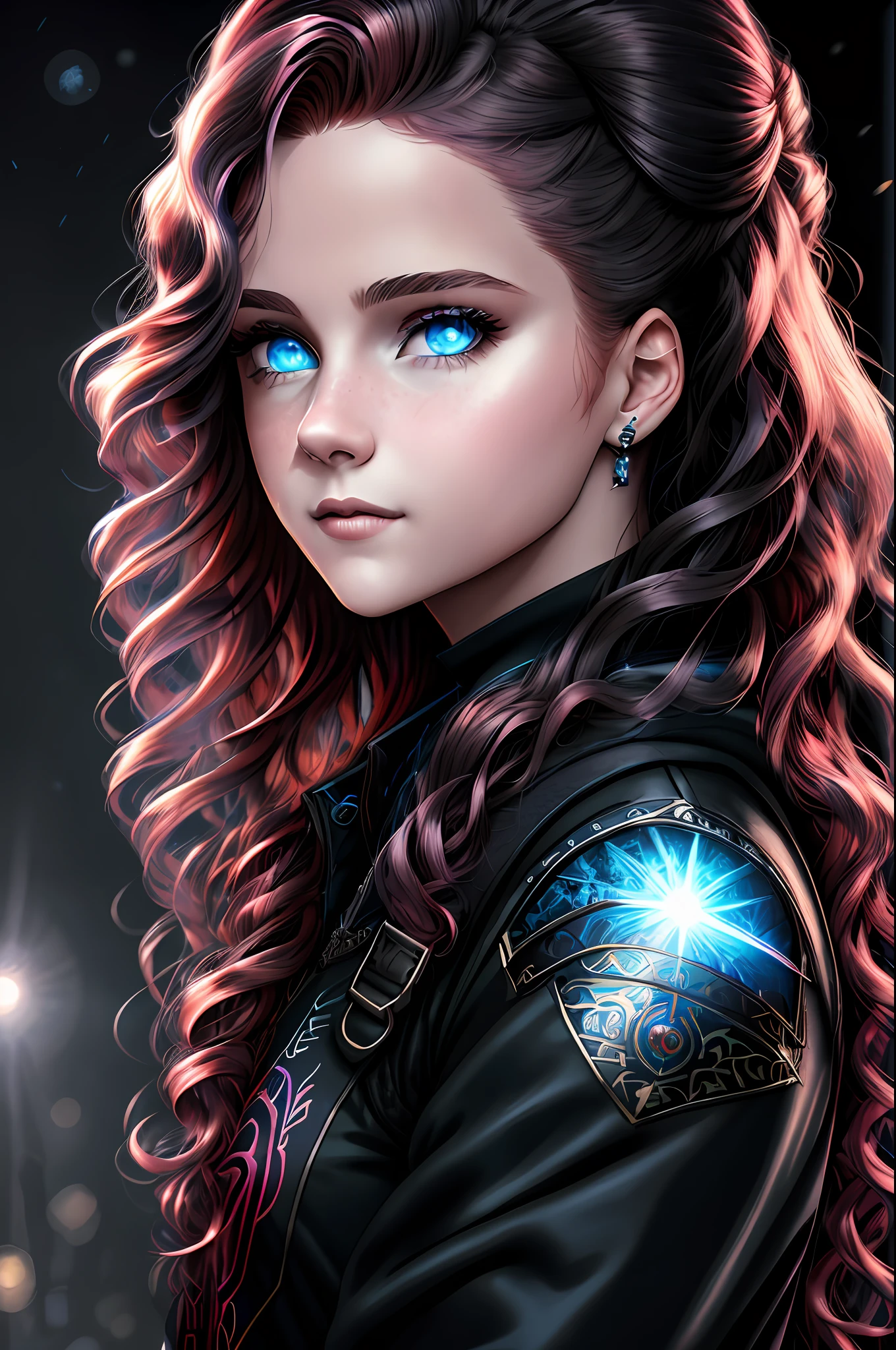 trending on ArtStation, trending on CGSociety, Intricate, High Detail, Sharp focus, dramatic, photorealistic painting art by midjourney and greg rutkowski, ((best quality)), ((masterpiece)), highres, original, beautiful white swedish woman, 25 years old,, extremely detailed wallpaper,an extremely delicate and beautiful,illustration,cinematic lighting, volume lighting, bloom effect, light particles,((1girl)),beautifuldetailedeyes,longsleeves,hoodie,frills,noshadow,simplebackground,(((black background))), European style, brightskin,(((1980s(style)))), movie theater, silhouette, messy hair, rainbown highlights, hair over one eye, azure eyes, sharp eyes, choker, torn legwear, ((big cheeks)),, monochrome,((Big wavy curls)), slit pupils,(((looking back))),cinematic angle, (((close-up))),(((portrait))),lens flare,seductive smile, tarot, medium hair