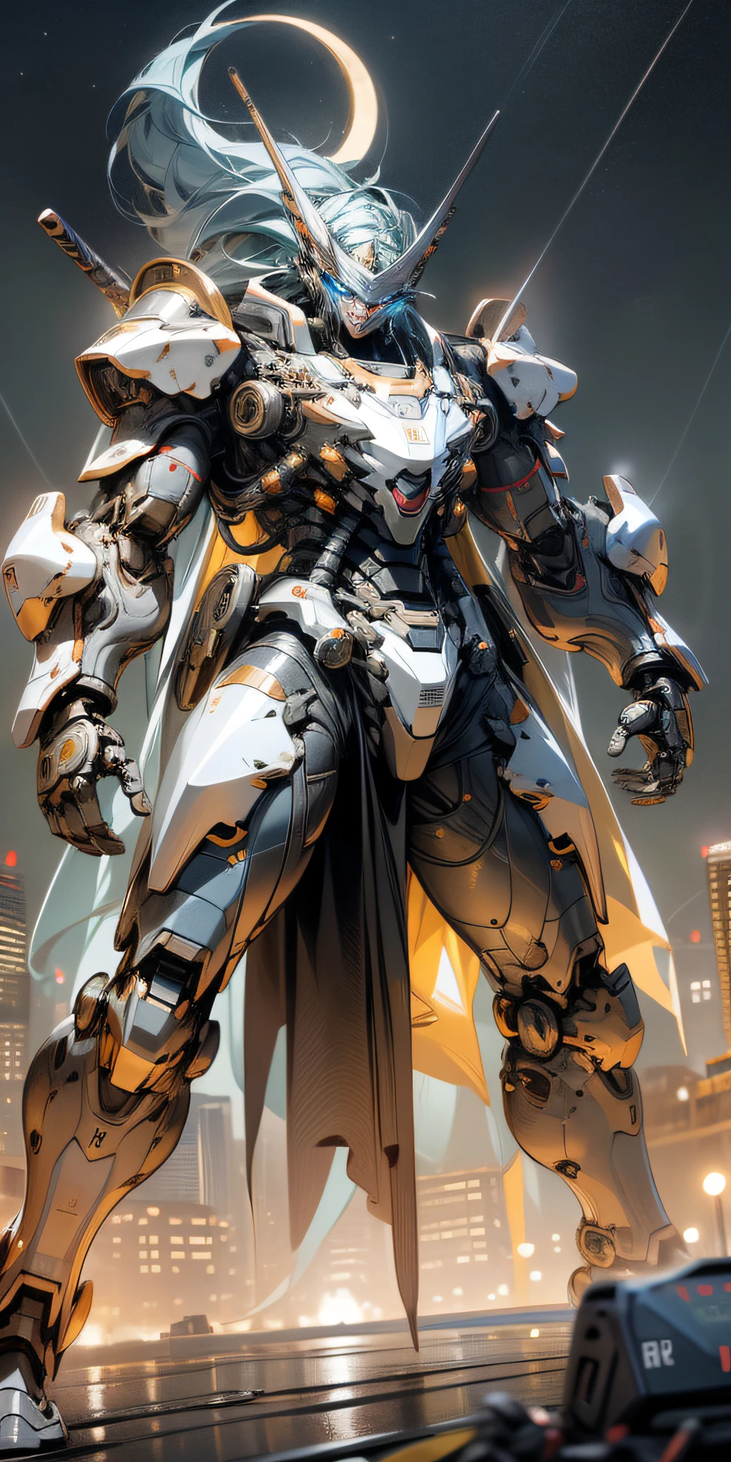 Masterpiece, best quality, masterpiece, best quality, official art, very detailed CG unified 8k wallpaper, night, moon, robot, metallic texture armor, tech style, game_cg, blue eyes, fighting_stance, nikon D850 --auto --s2