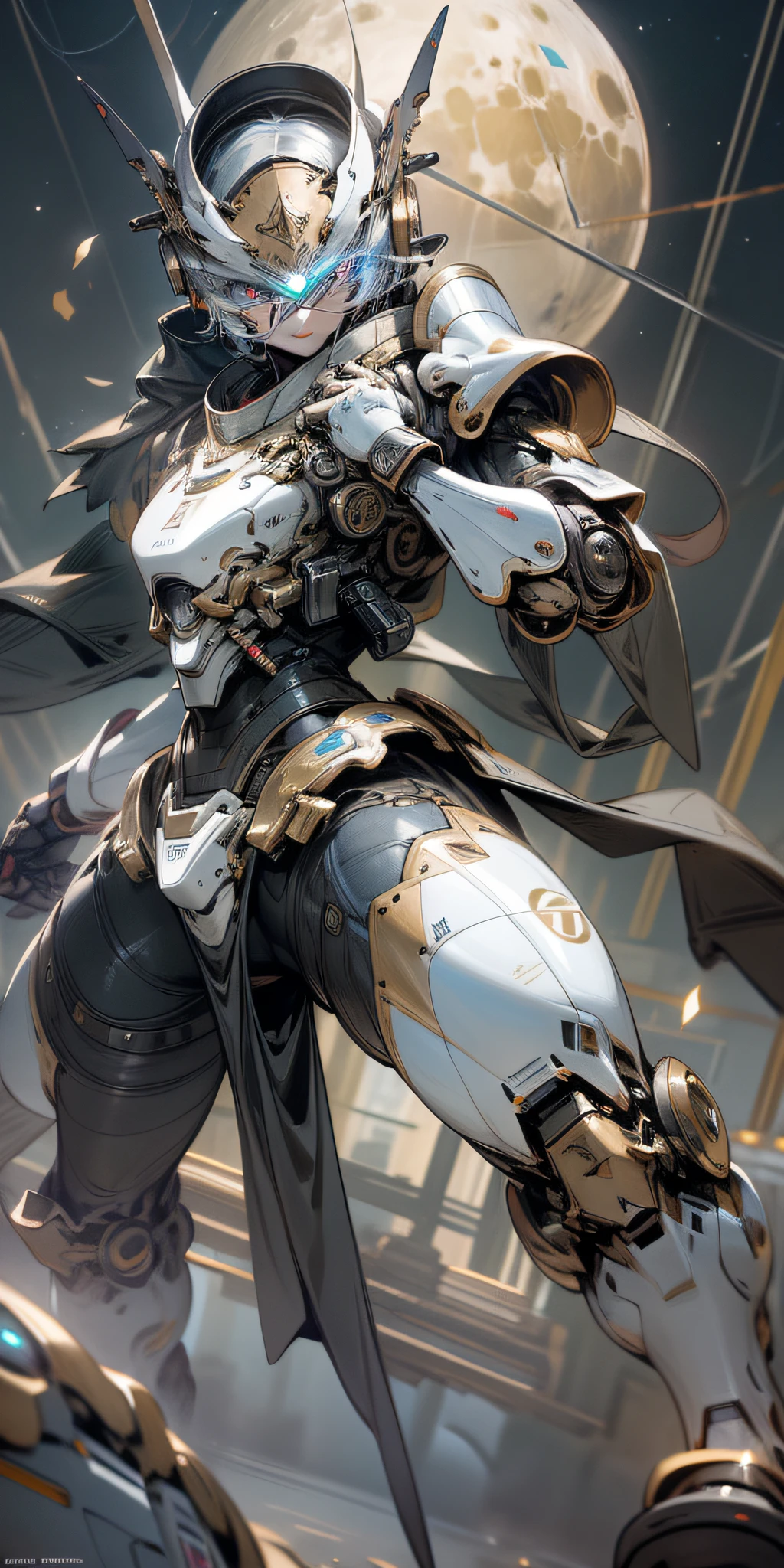 Masterpiece, best quality, masterpiece, best quality, official art, very detailed CG unified 8k wallpaper, night, moon, robot, metallic texture armor, tech style, game_cg, blue eyes, fighting_stance, nikon D850 --auto --s2