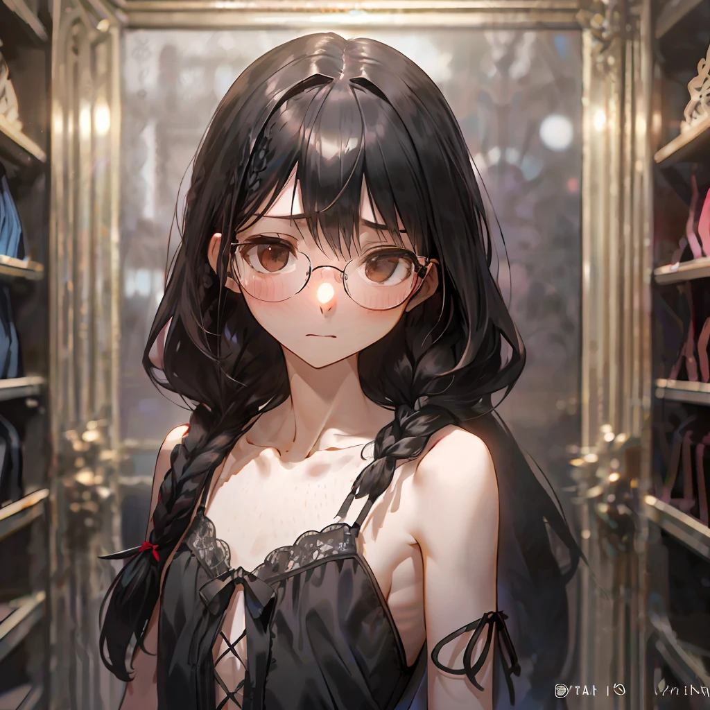 long hair, nice hands, perfect hands, lacy gothic dress, standing in lingerie store, (lingerie store), (lingerie hanging from the wall:1), ambient light, surprised face , blushed, red face, (((bang))), (((glasses))), (((braid))), brown eye, (((flat))), collarbone, (((slender body))) , (((small breasted))), (((sfw))), (((black hair))), photorealistic, ultra resolution