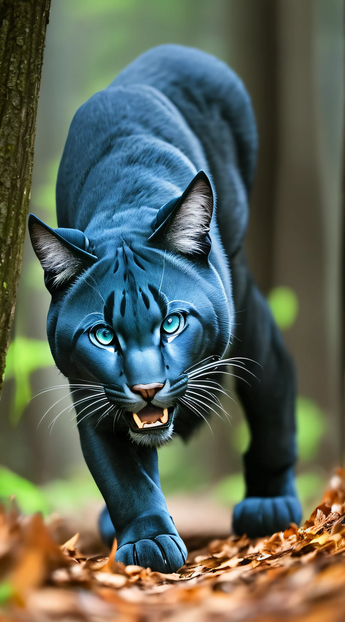 A panther running through the woods at night, [camera angle: low] [lens filter: blue] [blur amount: high] [blur direction: horizontal], shot from behind, background is forest. --auto