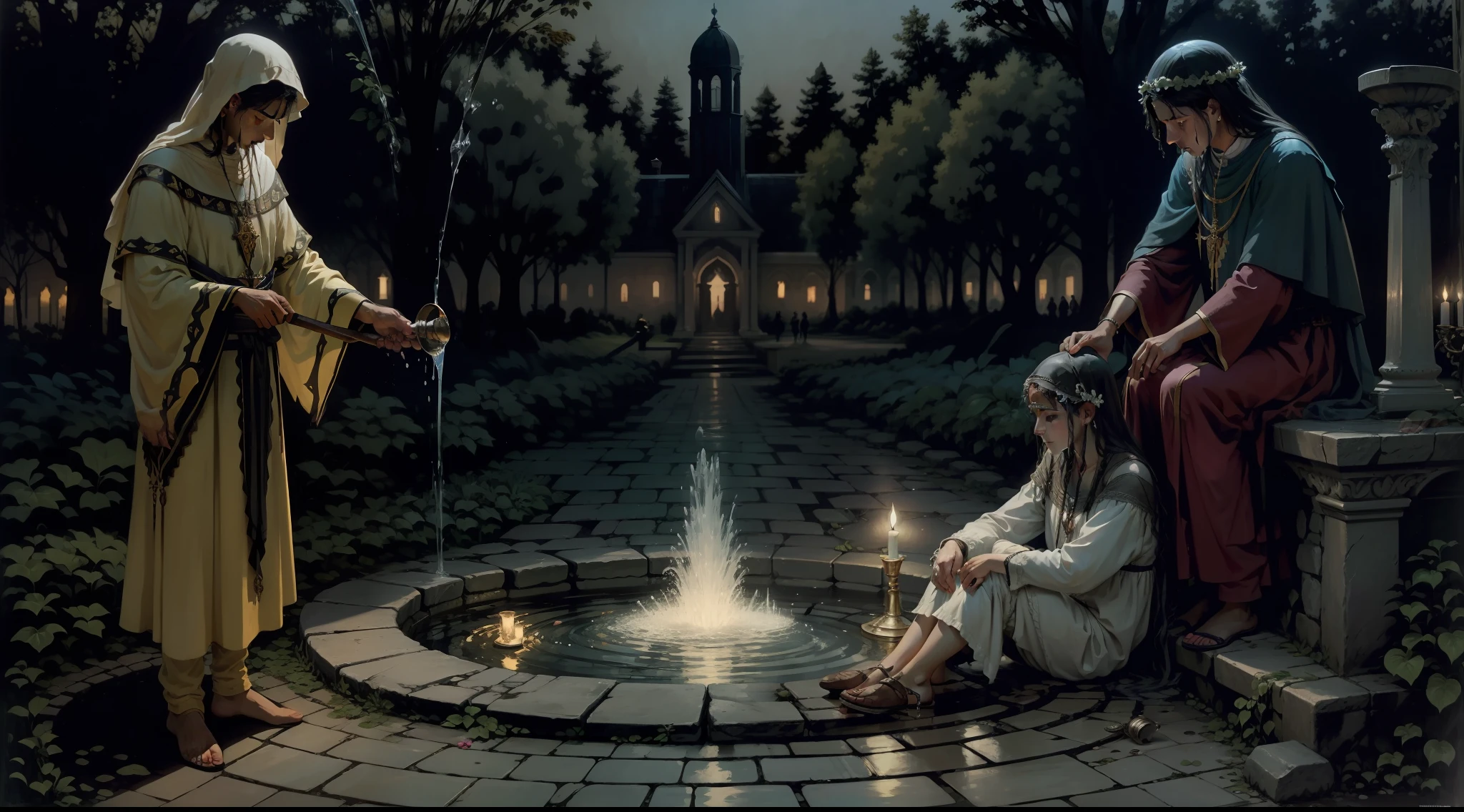 Thirsty and exhausted, they found the fountain on a dark night and, moved by necessity, drank from its waters. However, the priests of the place, prejudiced on account of their faith and dogmas, mercilessly punished the gypsies for their transgression,