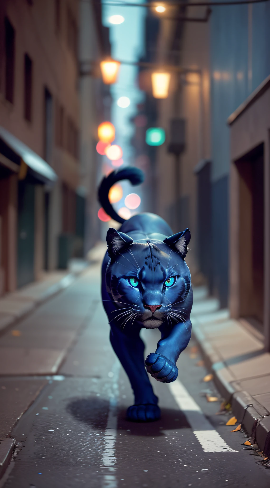 A panther running in an alley at night, [camera angle: low] [lens filter: blue] [blur amount: high] [blur direction: horizontal], shot from behind, street lights in the background. --auto