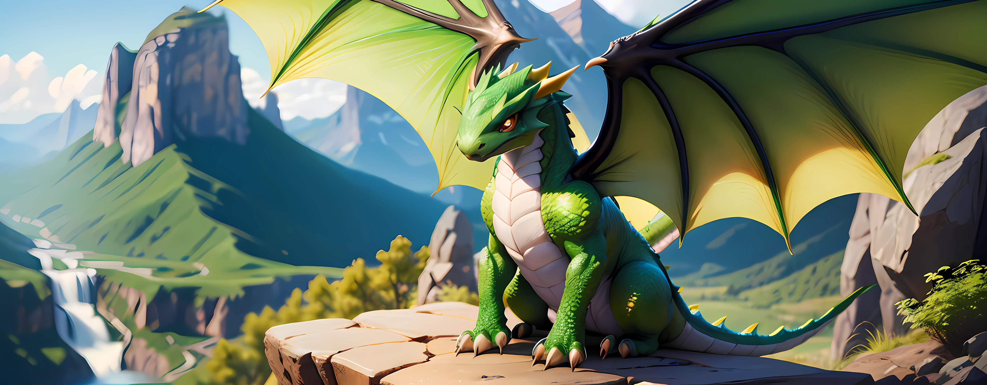 Mini green dragon cute, majestic, perfect, no physical defects, dragon skin, dragon wings, big eyes, background mountain with waterfall, photorealistic, hyperrealistic, hyperdetailed, pokemon style, full body, sitting, detailed skin, matte skin, soft lighting, subsurface scattering, realistic, heavy shadow, masterpiece, best quality, ultra realistic, 8k, film photography, soft focus, super cute creature