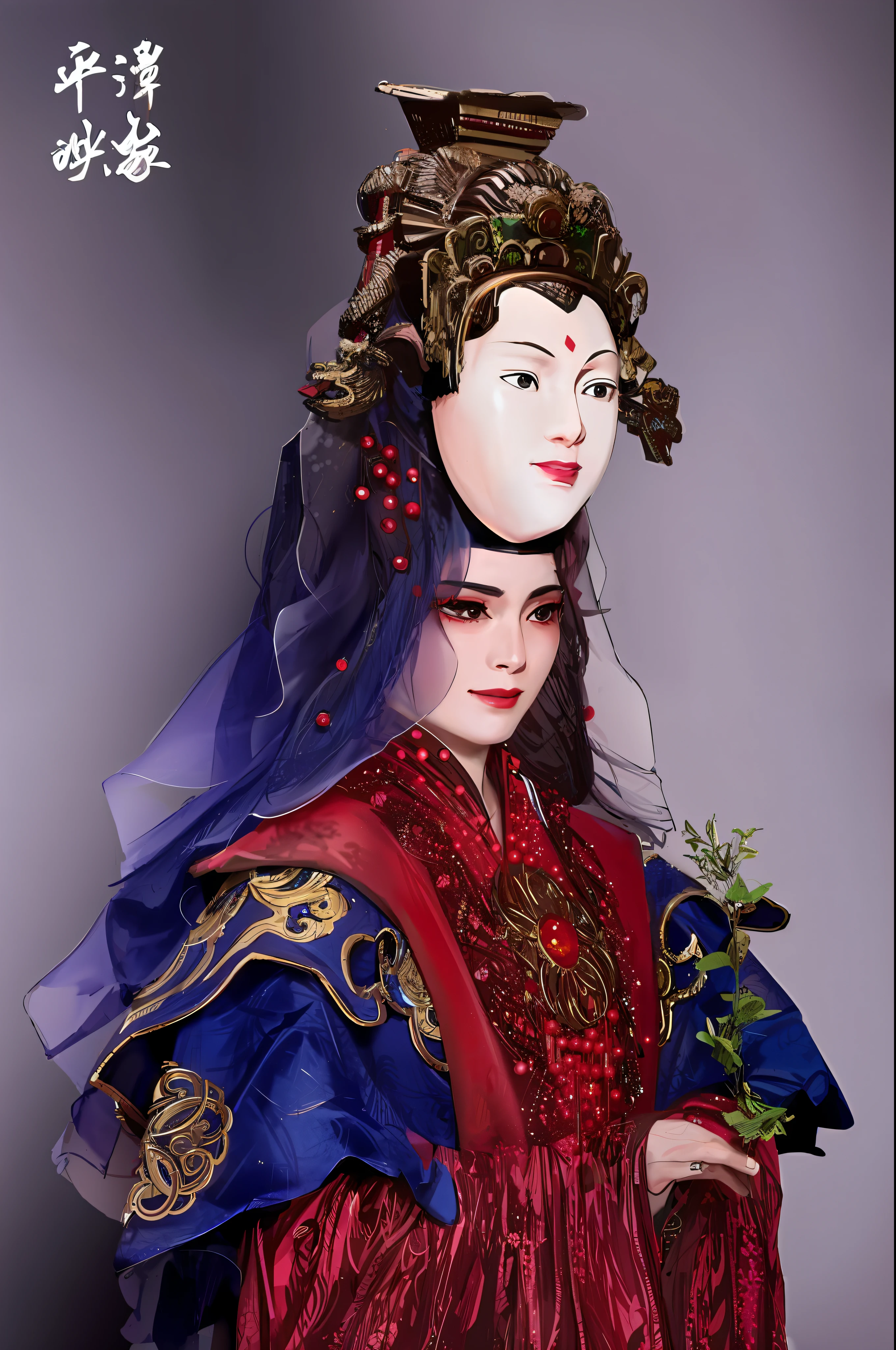 arafed woman in a red dress and a blue and gold headdress, ancient chinese beauties, ancient china art style, chinese empress, ancient chinese princess, chinese woman, chinese art, wearing ancient chinese clothes, oriental face, traditional chinese clothing, traditional chinese, chinese costume, peking opera, porcelain japanese mannequins, inspired by Li Mei-shu