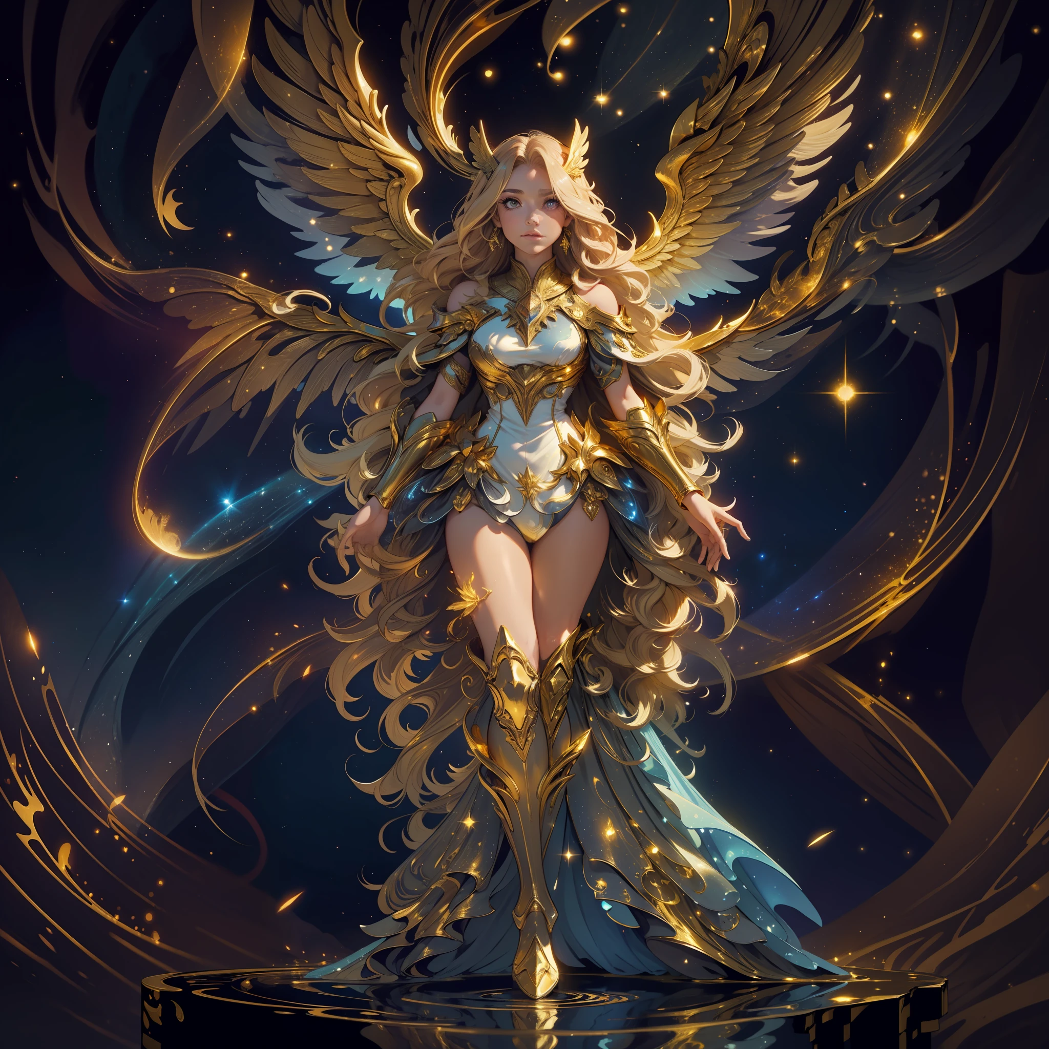 A woman with long, golden hair, with majestic wings on her back, is standing in a nocturnal landscape illuminated by a soft light. Her dress is golden and fluid, matching perfectly with the glow of the stars in the background.