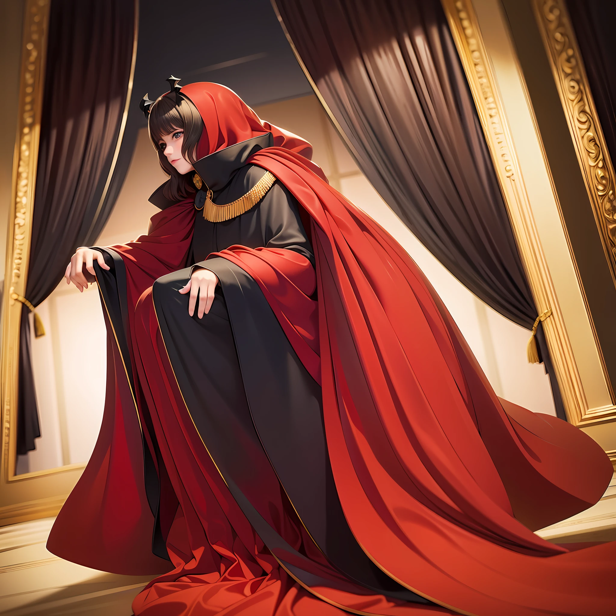(8k, raw photo, photorealistic, best quality, masterpiece:1.2), 1girl, ringlets, black mantle, throne
