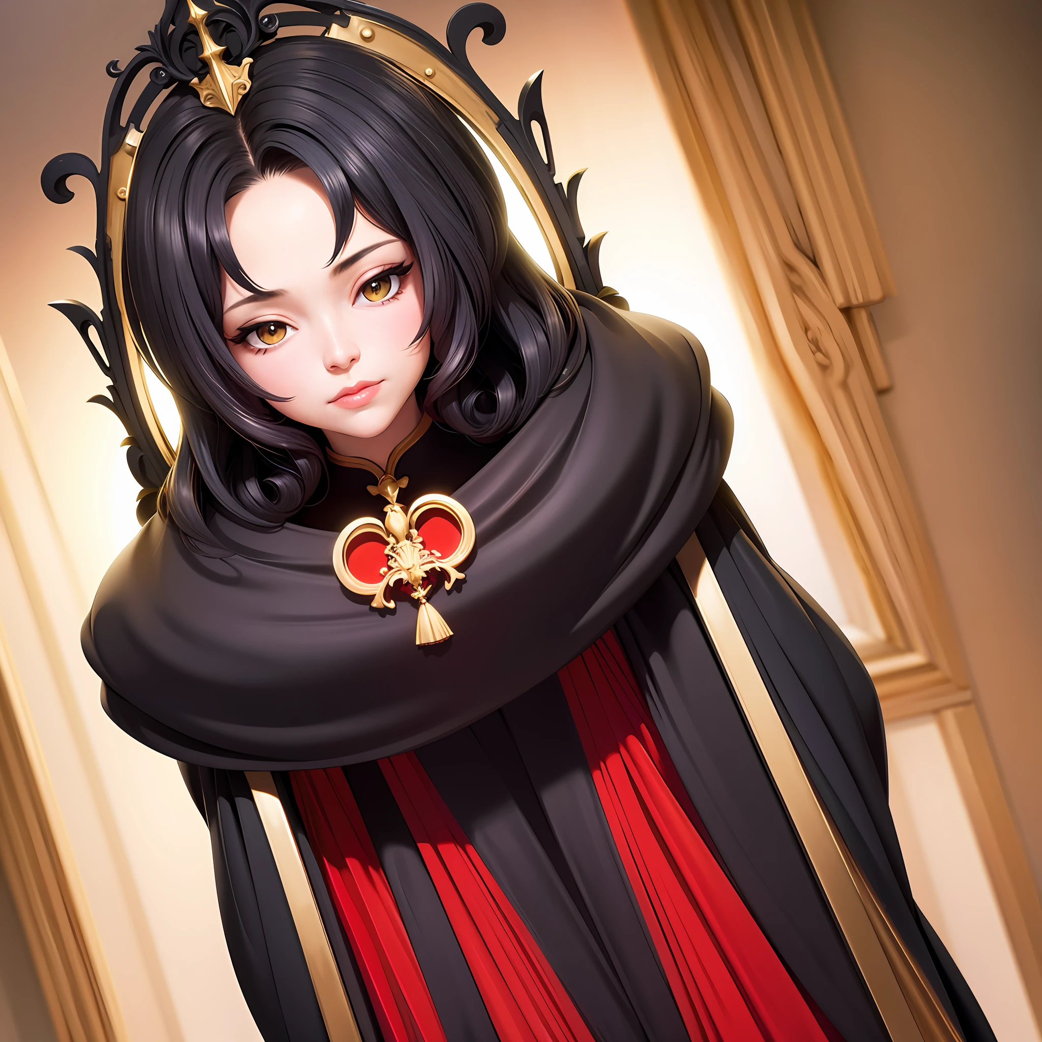 (8k, raw photo, photorealistic, best quality, masterpiece:1.2), 1girl, ringlets, black mantle, throne