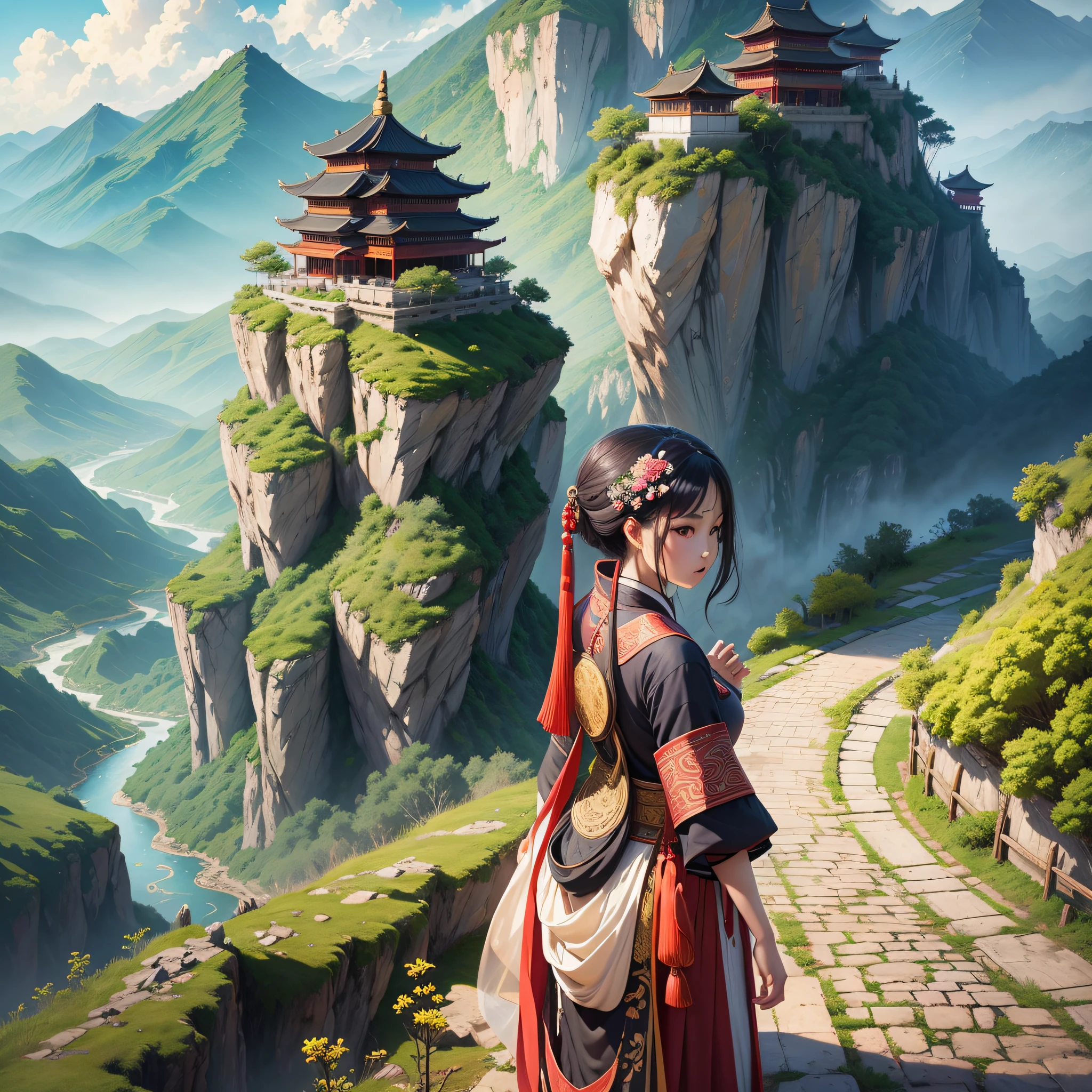 Ancient Chinese landscape, Hanfu girl, mountains, rivers, auspicious clouds, pavilions, sunshine, masterpiece, super detail, epic composition, ultra hd, high quality, extremely detailed, official art, unified 8k wallpaper, super detail, 32k - v 6 --auto --s2