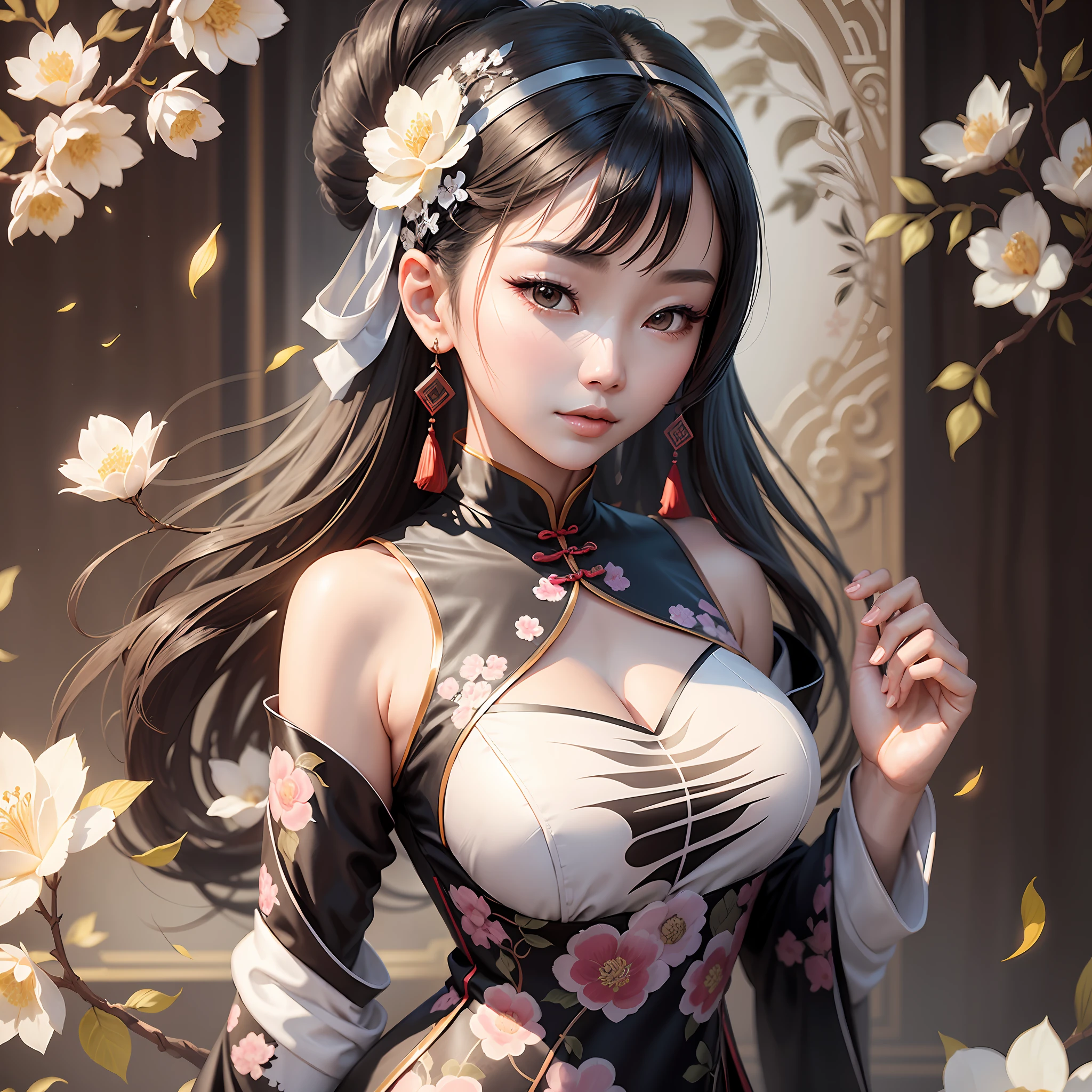 A Chinese woman wearing a black and white cheongsam poses elegantly and cutely, and the digital artwork photographed is popular on CGSTATION. Inspired by Sim Sa-jeong and Leng Mei's Guvez art, this work uses elegant digital painting techniques to present traditional Chinese costumes and beautiful faces, and stunning digital illustrations are full of elegance and cuteness. --auto --s2