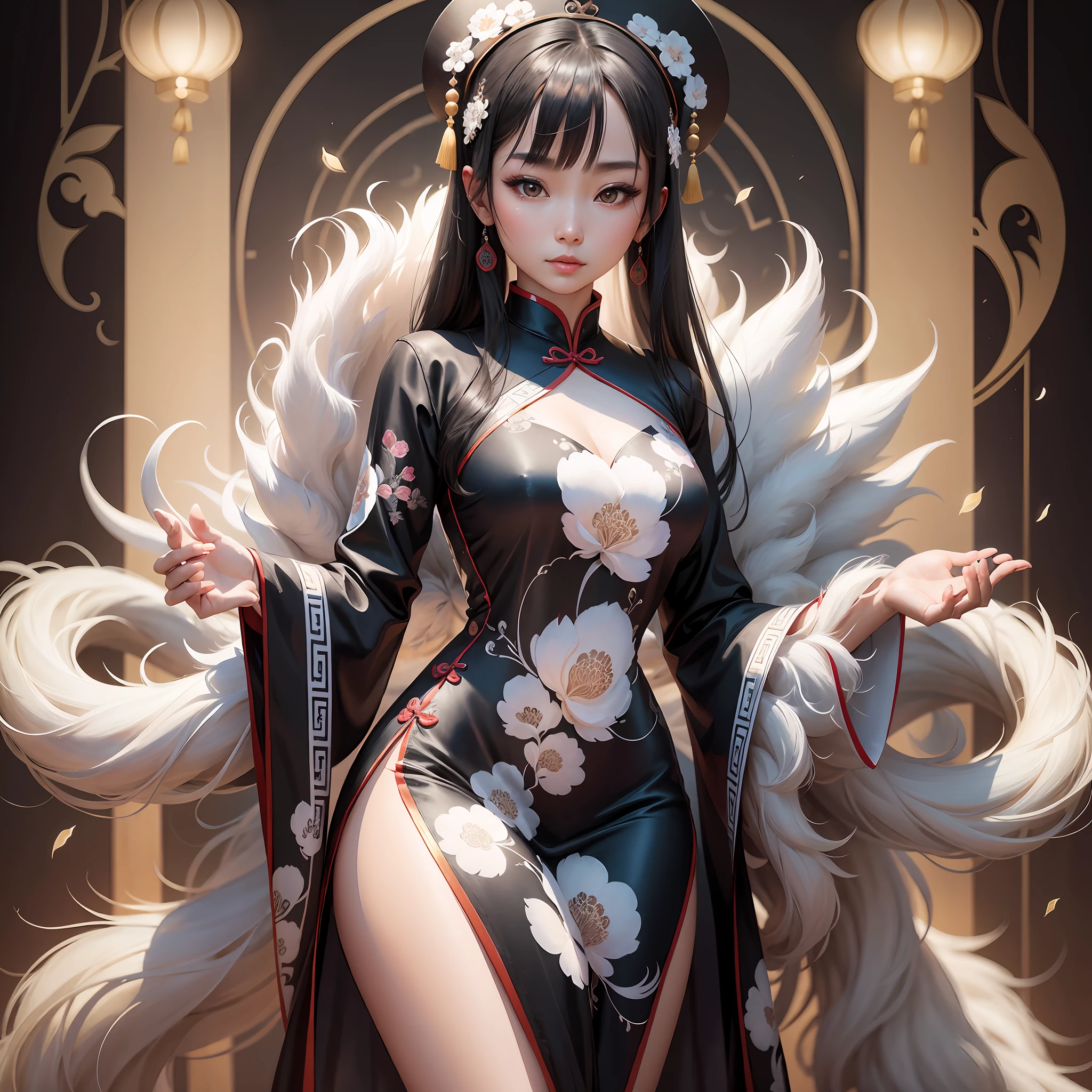 Arapei Asian women wear black and white cheongsam and pose elegantly and cutely, and the digital artwork photographed is popular on CGSTATION. Inspired by Sim Sa-jeong and Leng Mei's Guvez art, this work uses elegant digital painting techniques to present traditional Chinese costumes and beautiful faces, and stunning digital illustrations are full of elegance and cuteness. --auto --s2