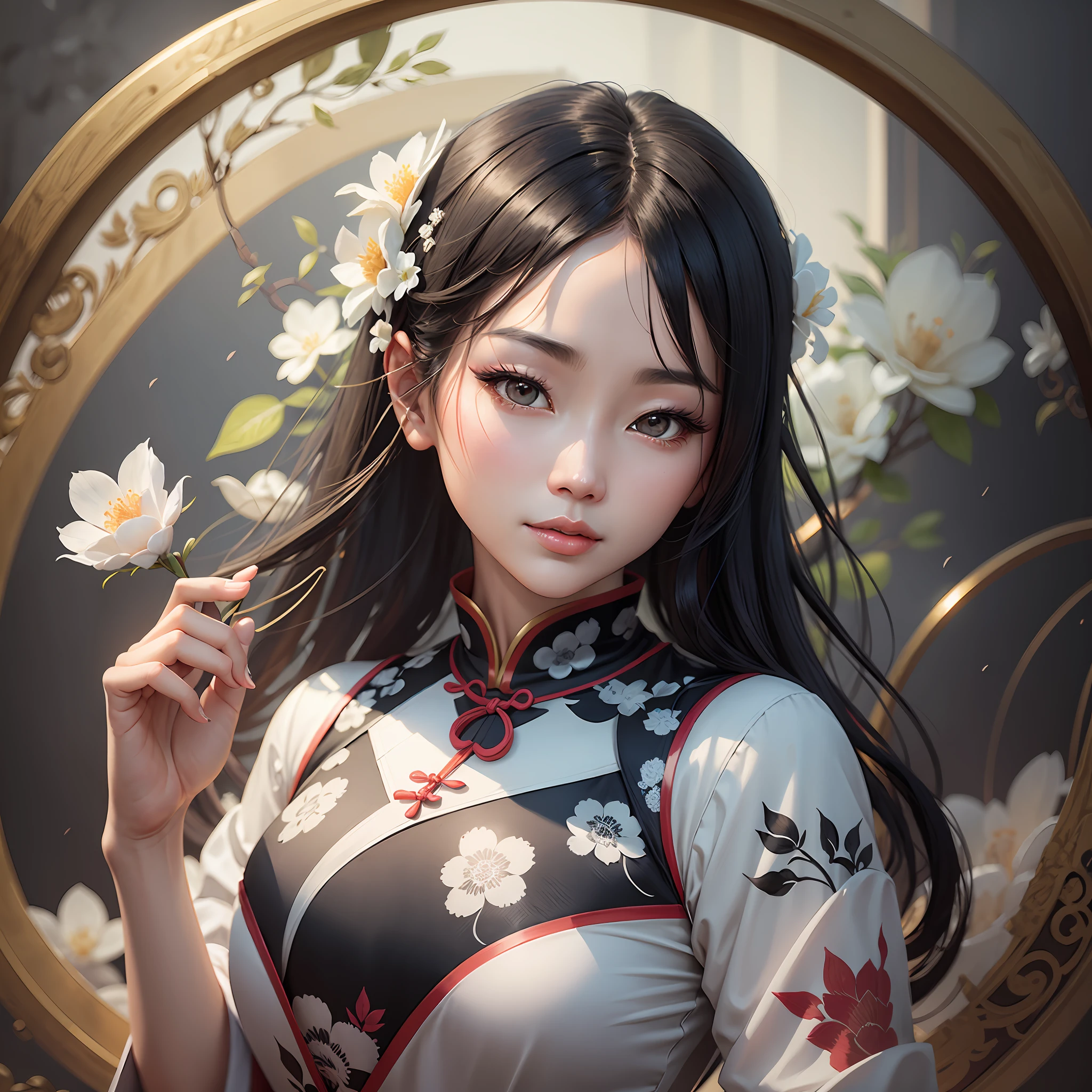 A Chinese woman wearing a black and white cheongsam poses elegantly and cutely, and the digital artwork photographed is popular on CGSTATION. Inspired by Sim Sa-jeong and Leng Mei's Guvez art, this work uses elegant digital painting techniques to present traditional Chinese costumes and beautiful faces, and stunning digital illustrations are full of elegance and cuteness. --auto --s2
