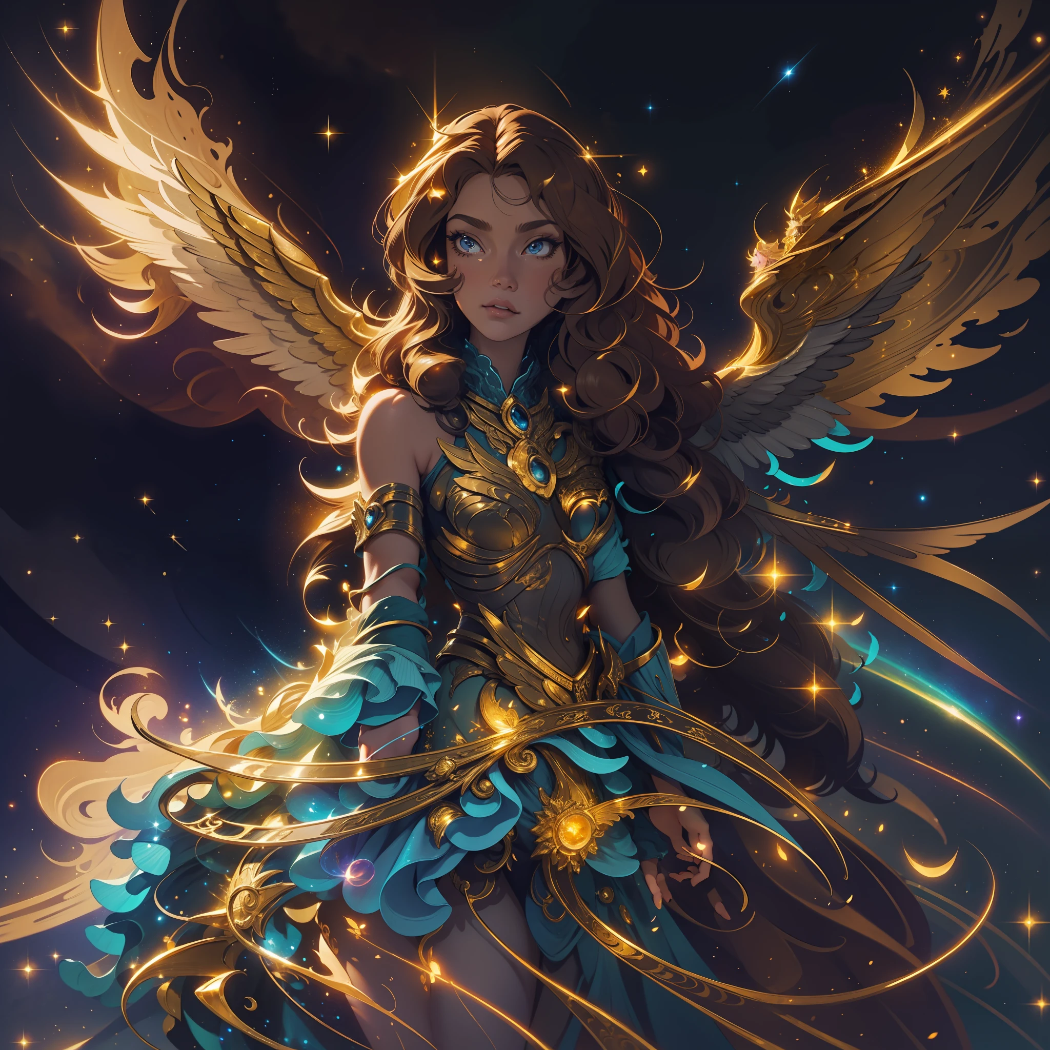 A woman with long, golden hair, with majestic wings on her back, is standing in a nocturnal landscape illuminated by a soft light. Her dress is golden and fluid, matching perfectly with the glow of the stars in the background.