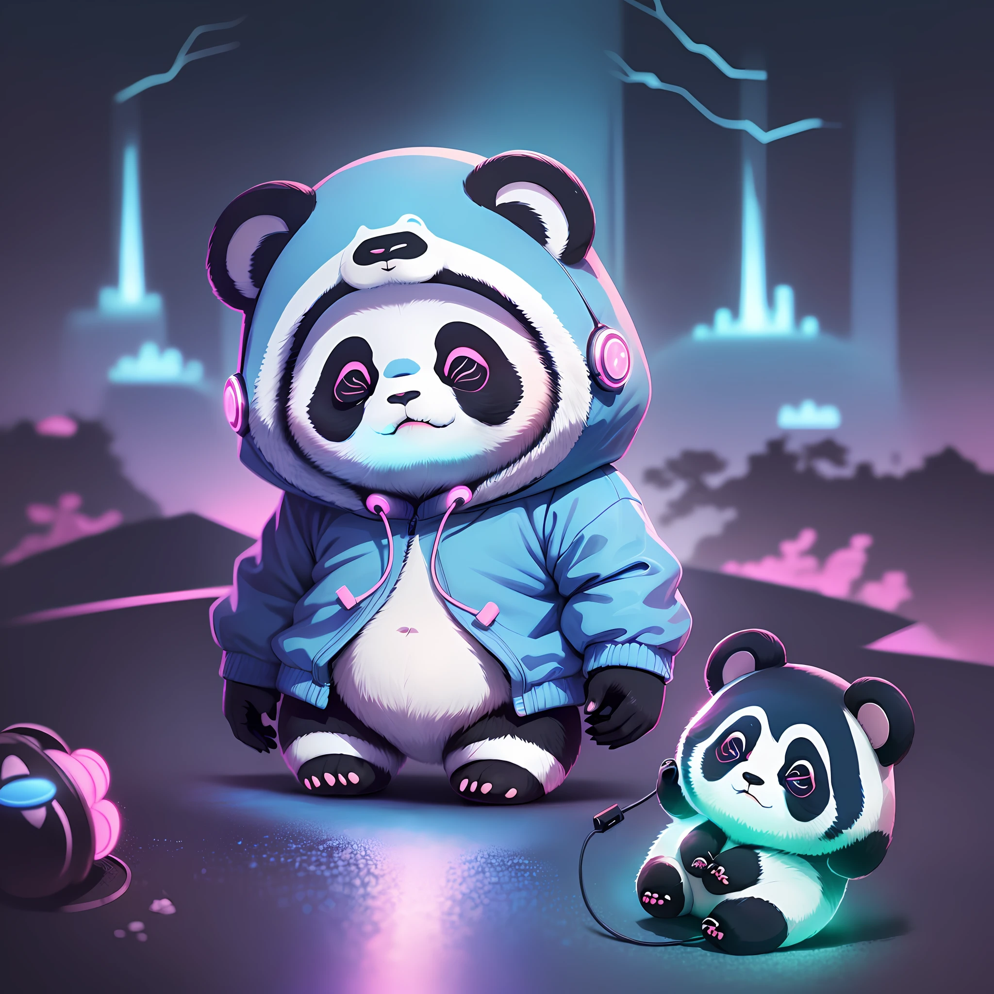 ((2pandas Chibi style))), blue and pink sweatshirt, earphone, tokyo landscape, perfect hands ((bioluminescence)), dramatic lighting, ( vector art ) --no (((NSFW, bad anatomy, deformed, bad limbs))