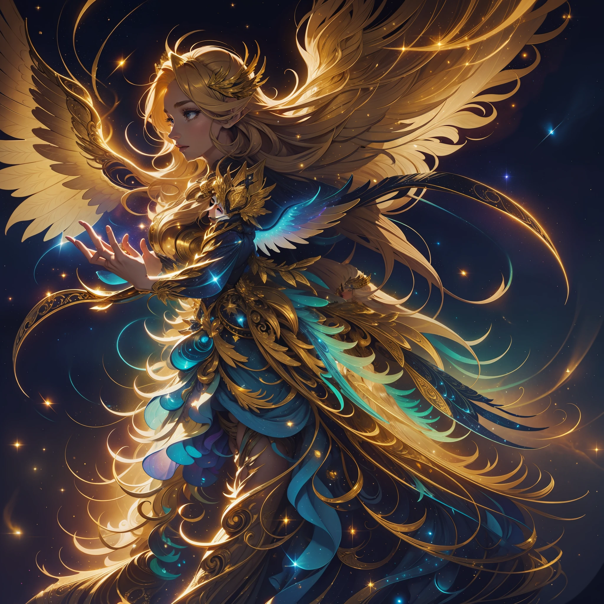 A woman with long, golden hair, with majestic wings on her back, is standing in a nocturnal landscape illuminated by a soft light. Her dress is golden and fluid, matching perfectly with the glow of the stars in the background.