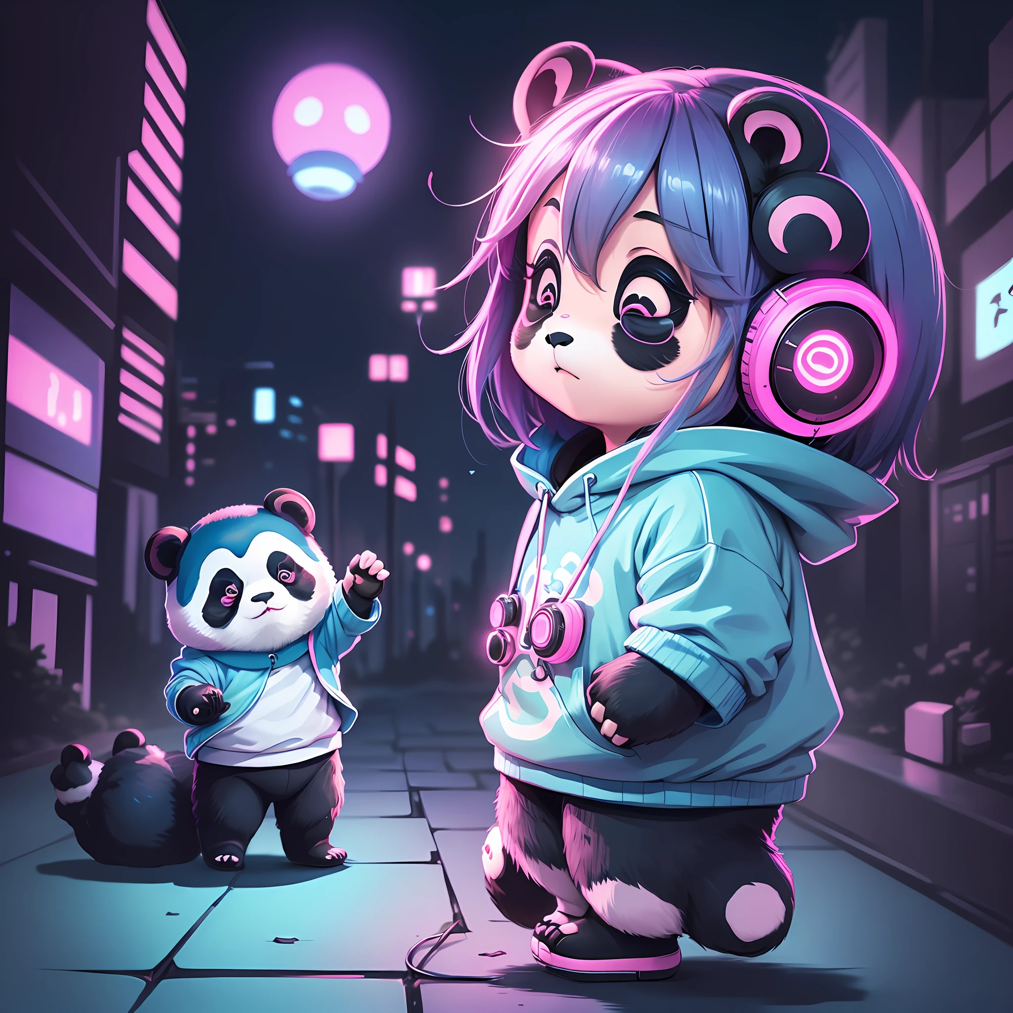 ((2pandas Chibi style))), blue and pink sweatshirt, earphone, tokyo landscape, perfect hands ((bioluminescence)), dramatic lighting, ( vector art ) --no (((NSFW, bad anatomy, deformed, bad limbs))