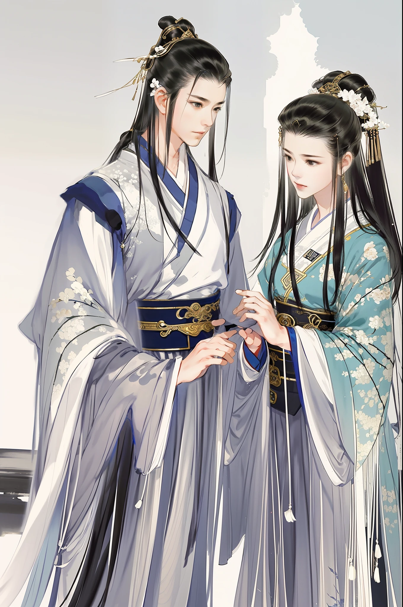 An ancient Chinese boy and girl, full body portrait, looking at each other, gentle eyes, clear facial features, wearing Hanfu, body surrounded by black and white mist, kingly temperament, movie edge light, delicate light, masterpiece, super detailed, epic composition, super HD, high quality, highest quality, 32k