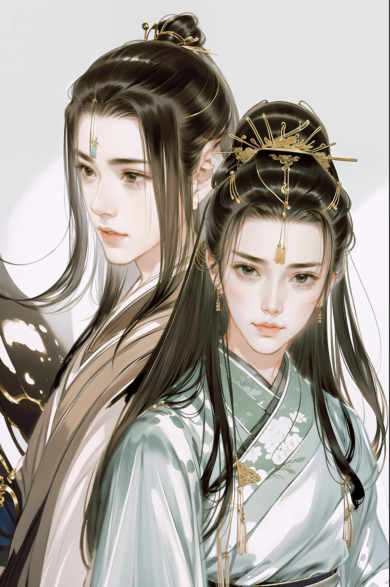 An ancient Chinese boy and girl, full body portrait, looking at each other, gentle eyes, clear facial features, wearing Hanfu, body surrounded by black and white mist, kingly temperament, movie edge light, delicate light, masterpiece, super detailed, epic composition, super HD, high quality, highest quality, 32k