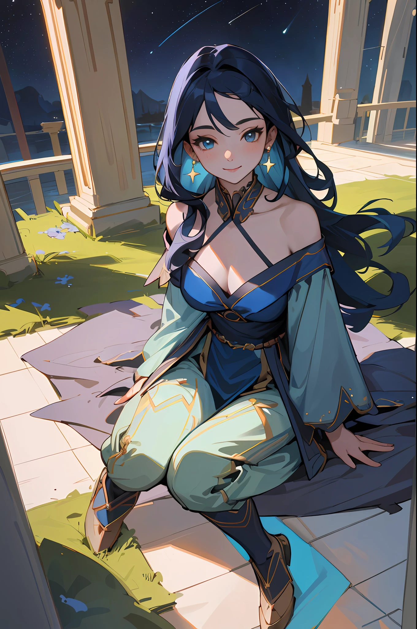 Jasmine, single girl, ((Skin Blue))(( yallow eyes)) ,solo, looking at the viewer, smile, shirt, bare shoulders, jewelry, sitting, full body, flower, earrings, pants, off shoulder, short top, make-up, sitting on the edge of the palace balcony, white tiles, night, stars , Off Shoulder Shirt (Realism: 1.2), (Realism), (Masterpiece: 1.2), (Best Quality), (Highly Detailed), (8k, 4k, Intricate), (Full Body Shot: 1), (85 mm), light particles, lighting, (highly detailed: 1.2), (face detailed: 1.2), (gradients), sfw, color, (eyes detailed: 1.2) (background detailed), landscape detailed, (dynamic angle: 1.2 ), (dynamic mode: 1.2), (third configuration rule: 1.3), (work path: 1.2)