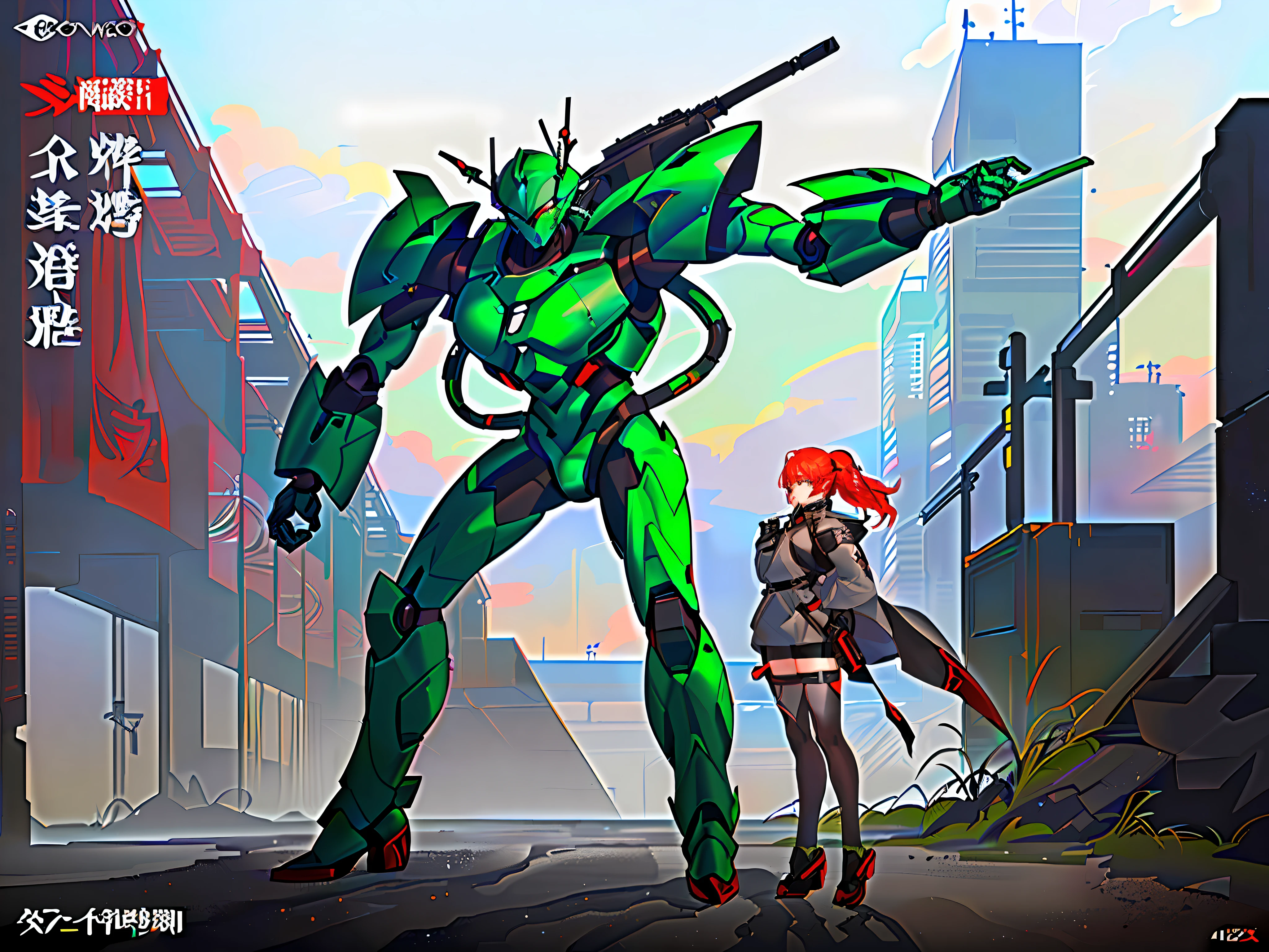 a redhead curvy woman in grey and green parachutes soldier suit and standing next to giant robot, artwork in the style of guweiz, cyberpunk anime girl mech, trending on cgstation, guweiz, by Russell Dongjun Lu, digital cyberpunk anime art, ross tran 8 k, guweiz on artstation pixiv, girl in mecha cyber armor