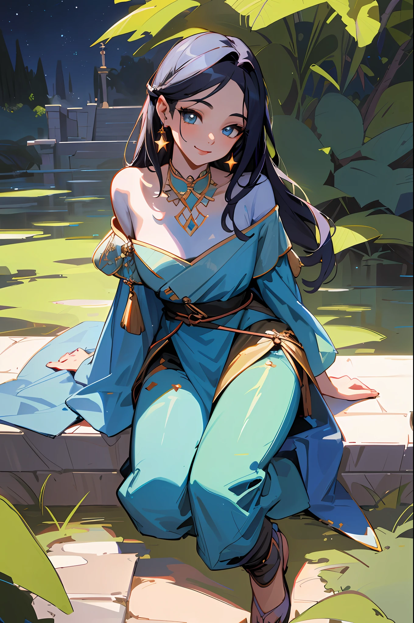 Jasmine, single girl, ((Skin Blue))(( yallow eyes)) ,solo, looking at the viewer, smile, shirt, bare shoulders, jewelry, sitting, full body, flower, earrings, pants, off shoulder, short top, make-up, sitting on the edge of the palace balcony, white tiles, night, stars  , Off Shoulder Shirt (Realism: 1.2), (Realism), (Masterpiece: 1.2), (Best Quality), (Highly Detailed), (8k, 4k, Intricate), (Full Body Shot: 1), (85  mm), light particles, lighting, (highly detailed: 1.2), (face detailed: 1.2), (gradients), sfw, color, (eyes detailed: 1.2) (background detailed), landscape detailed, (dynamic angle: 1.2  ), (dynamic mode: 1.2), (third configuration rule: 1.3), (work path: 1.2)