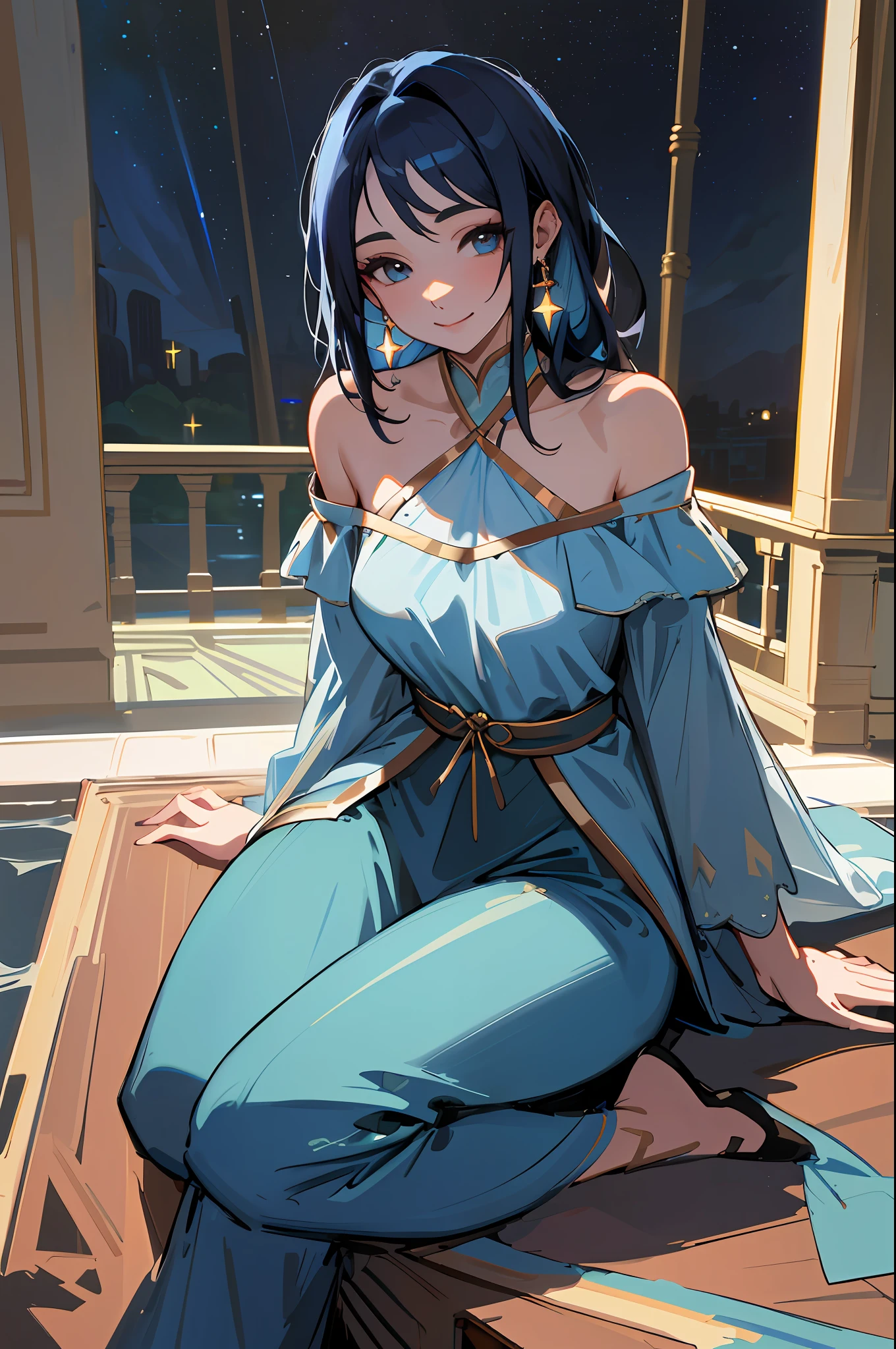 Jasmine, single girl, ((Skin Blue))(( yallow eyes)) ,solo, looking at the viewer, smile, shirt, bare shoulders, jewelry, sitting, full body, flower, earrings, pants, off shoulder, short top, make-up, sitting on the edge of the palace balcony, white tiles, night, stars  , Off Shoulder Shirt (Realism: 1.2), (Realism), (Masterpiece: 1.2), (Best Quality), (Highly Detailed), (8k, 4k, Intricate), (Full Body Shot: 1), (85  mm), light particles, lighting, (highly detailed: 1.2), (face detailed: 1.2), (gradients), sfw, color, (eyes detailed: 1.2) (background detailed), landscape detailed, (dynamic angle: 1.2  ), (dynamic mode: 1.2), (third configuration rule: 1.3), (work path: 1.2)