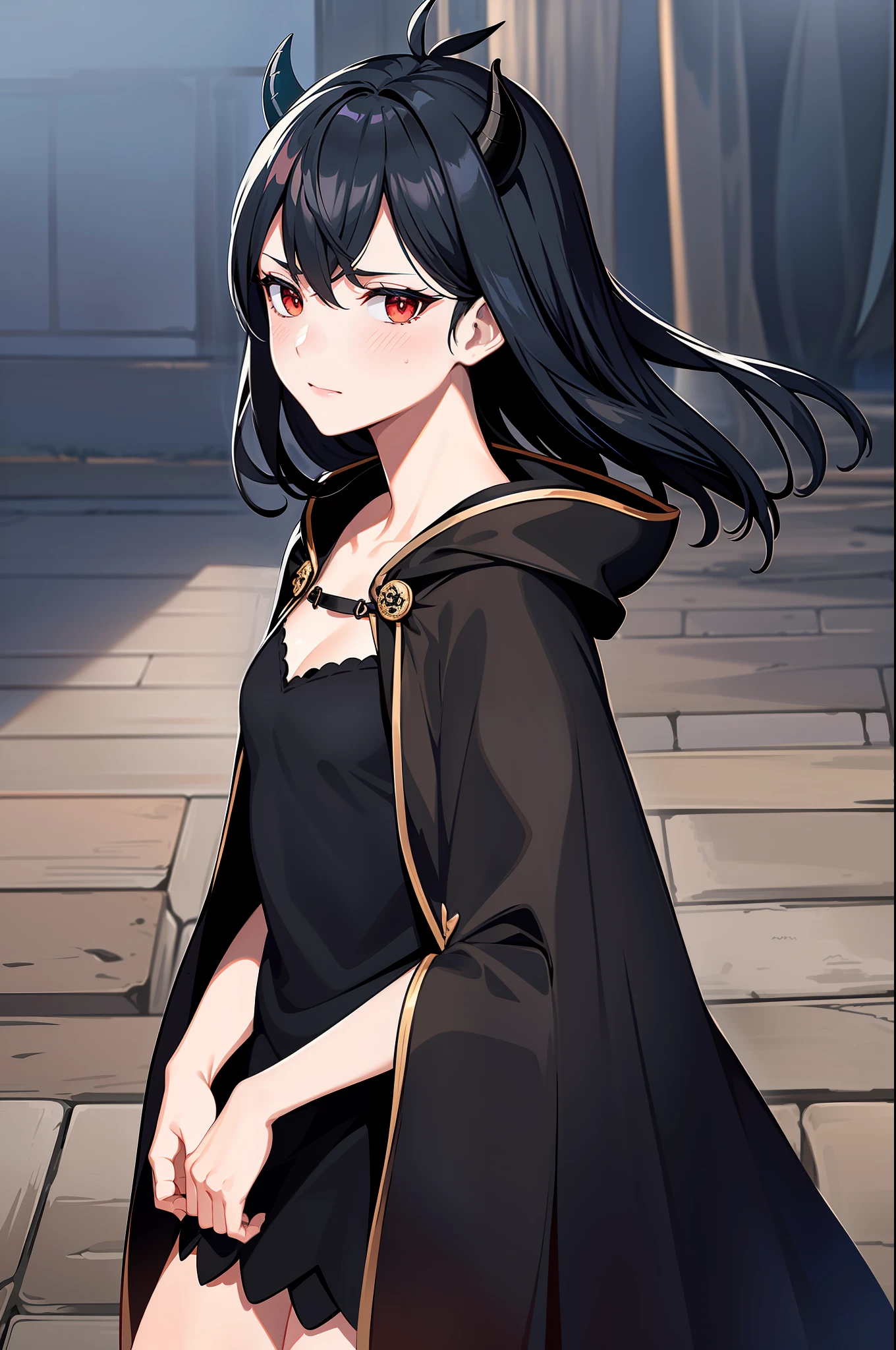ultra realistic 8k cg, masterpiece, ((ultra detailed background, delicate pattern, intricate detail)), (highly detailed, fine details), best quality, 1girl, (photorealistic:1.4),beautiful lighting, absurdres, RAW photo, film grain, ((medium breasts, slim girl)), Baccarat, Nero, 1girl, short hair, solo, horns, black hair, red eyes, dress, black dress, collarbone, closed mouth, bare shoulders, (demon horns), hair between eyes, cleavage, (complex detailed background, outside, nature environment, trees, sunny, blue sky, sky, cowboy shot, small breasts, slim girl), ((black bull cloak)), black cloak, kuro no bogyu cloak, cloak, holding wand, using magic, fantasy, black bull logo, black clover cloak, black clover robe, kuro no bogyu robe, black bull squad robe, black bull uniform, blush, shy, short black hoodie, short black magician hoodie, magician short cape, small horn,