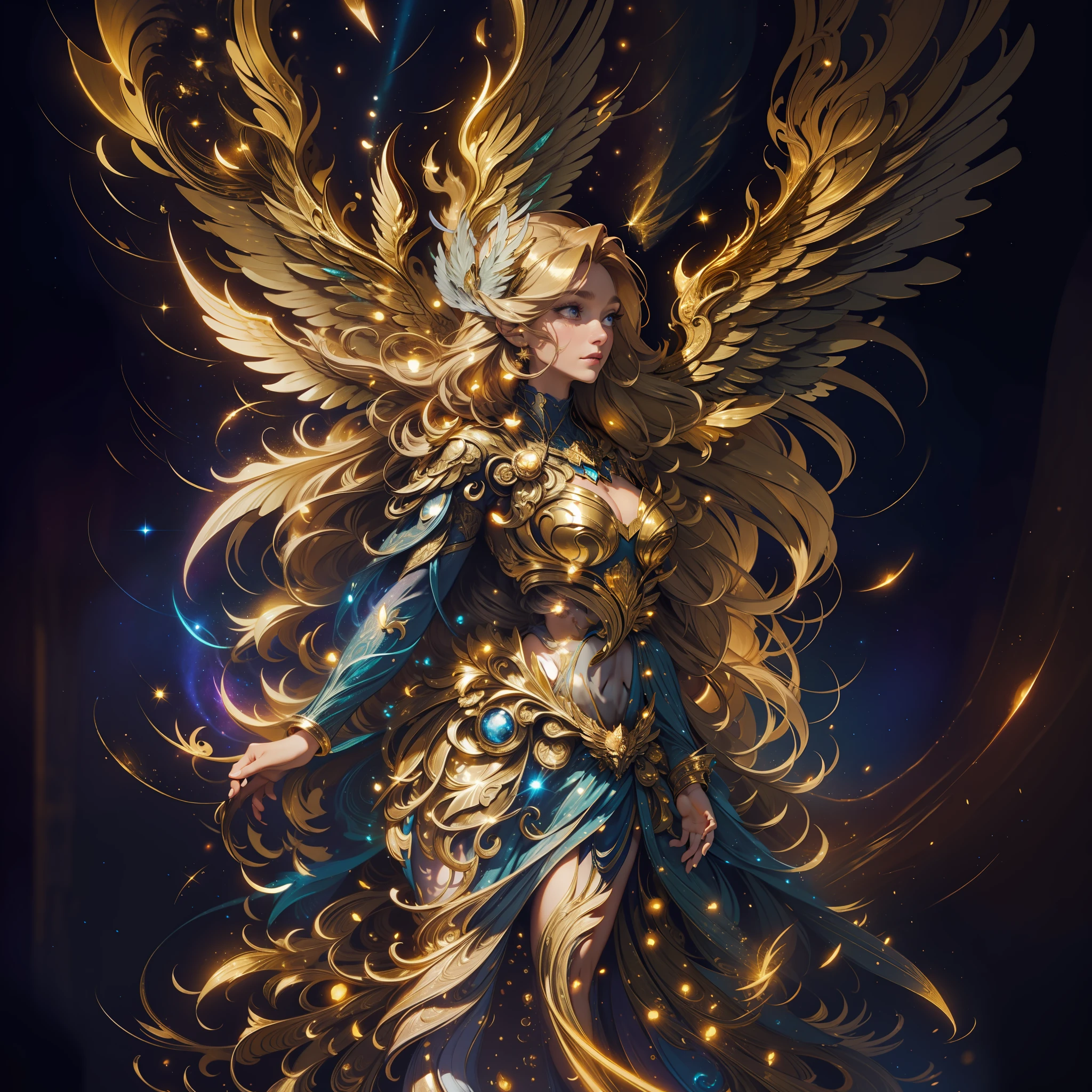 A woman with long, golden hair, with majestic wings on her back, is standing in a nocturnal landscape illuminated by a soft light. Her dress is golden and fluid, matching perfectly with the glow of the stars in the background.