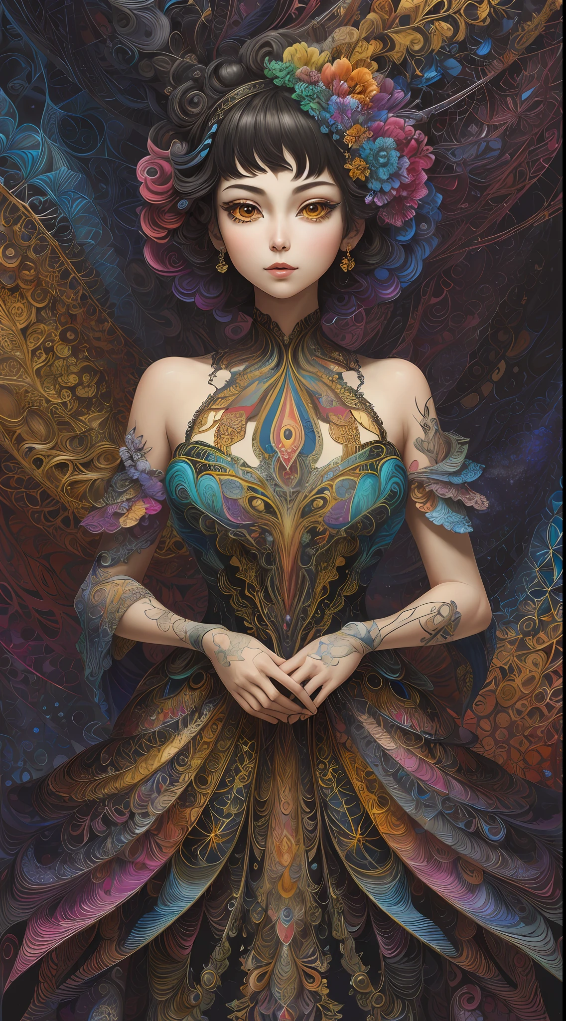 (masterpiece, top quality, best quality, official art, beautiful and aesthetic:1.2), (1girl:1.3), extremely detailed,(fractal art:1.2),colorful,highest detailed,(zentangle:1.2), (dynamic pose), (abstract background:1.5), (treditional dress:1.2), (shiny skin), (many colors:1.4), upper body, masterpiece, best quality,high quality,highres, 16K,RAW,ultra highres,ultra details,finely detail,an extremely delicate and beautiful,extremely detailed,real shadow, anime,highly detailed painted,award winning glamour paintting,wonderful paintting,art style,stylized,