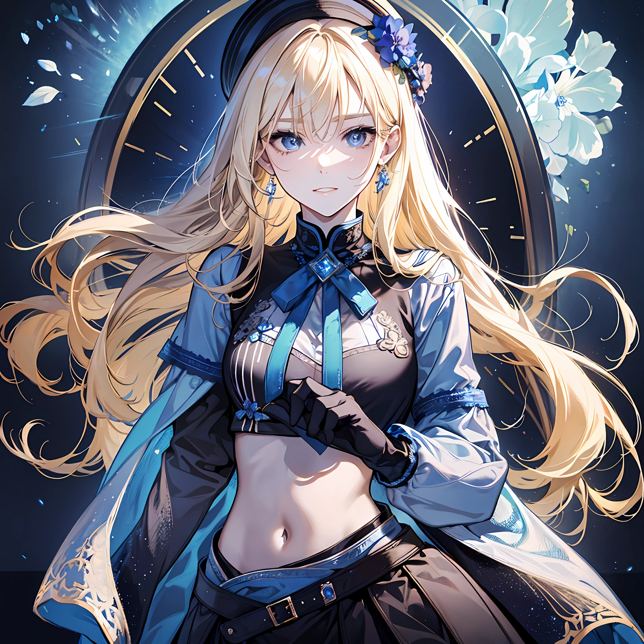 A woman of medium height, with a slender and elegant figure. She has long blonde hair, which falls in soft waves around her face. His eyes are a brilliant azure blue, which seem to shine like diamonds. His face has delicate features and a charming smile. Her wardrobe is a long-sleeved blouse, a short sweater with long sleeves gray over the blouse, short skirt black