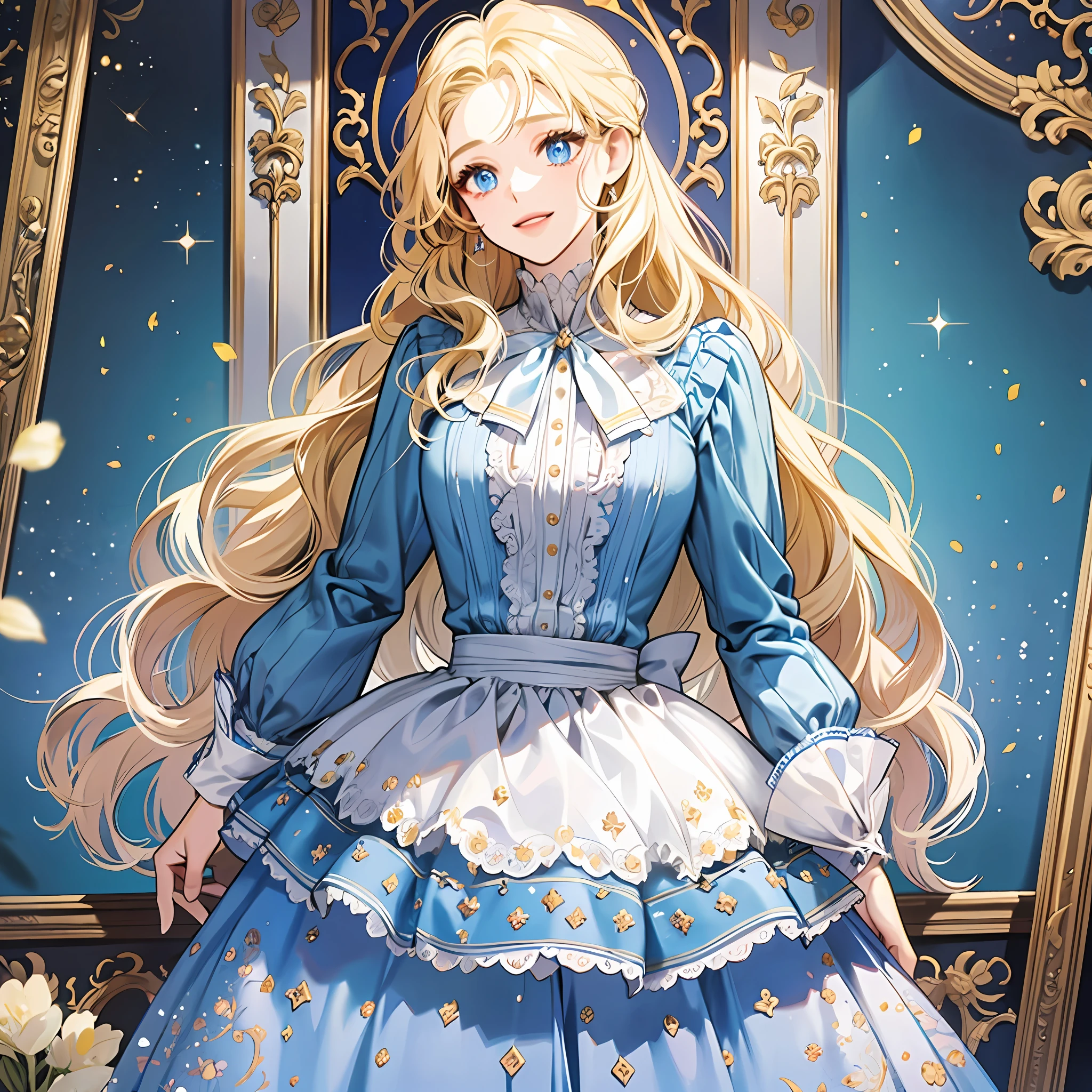 A woman of medium height, with a slender and elegant figure. She has long blonde hair, which falls in soft waves around her face. His eyes are a brilliant azure blue, which seem to shine like diamonds. His face has delicate features and a charming smile. Her wardrobe is a long-sleeved blouse, a short sweater with long sleeves gray over the blouse, short skirt black