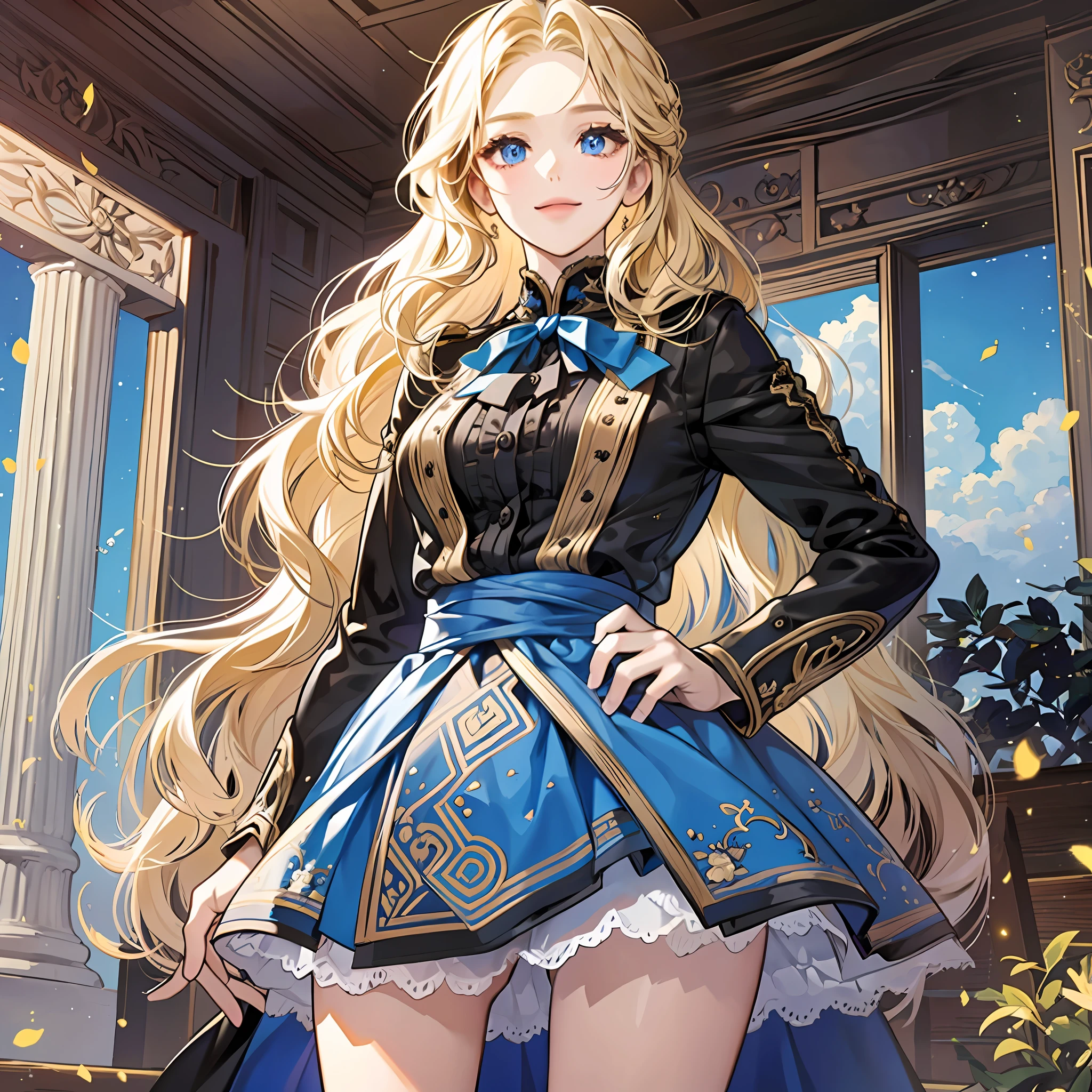 A woman of medium height, with a slender and elegant figure. She has long blonde hair, which falls in soft waves around her face. His eyes are a brilliant azure blue, which seem to shine like diamonds. His face has delicate features and a charming smile. Her wardrobe is a long-sleeved blouse, a short sweater with long sleeves gray over the blouse, short skirt black