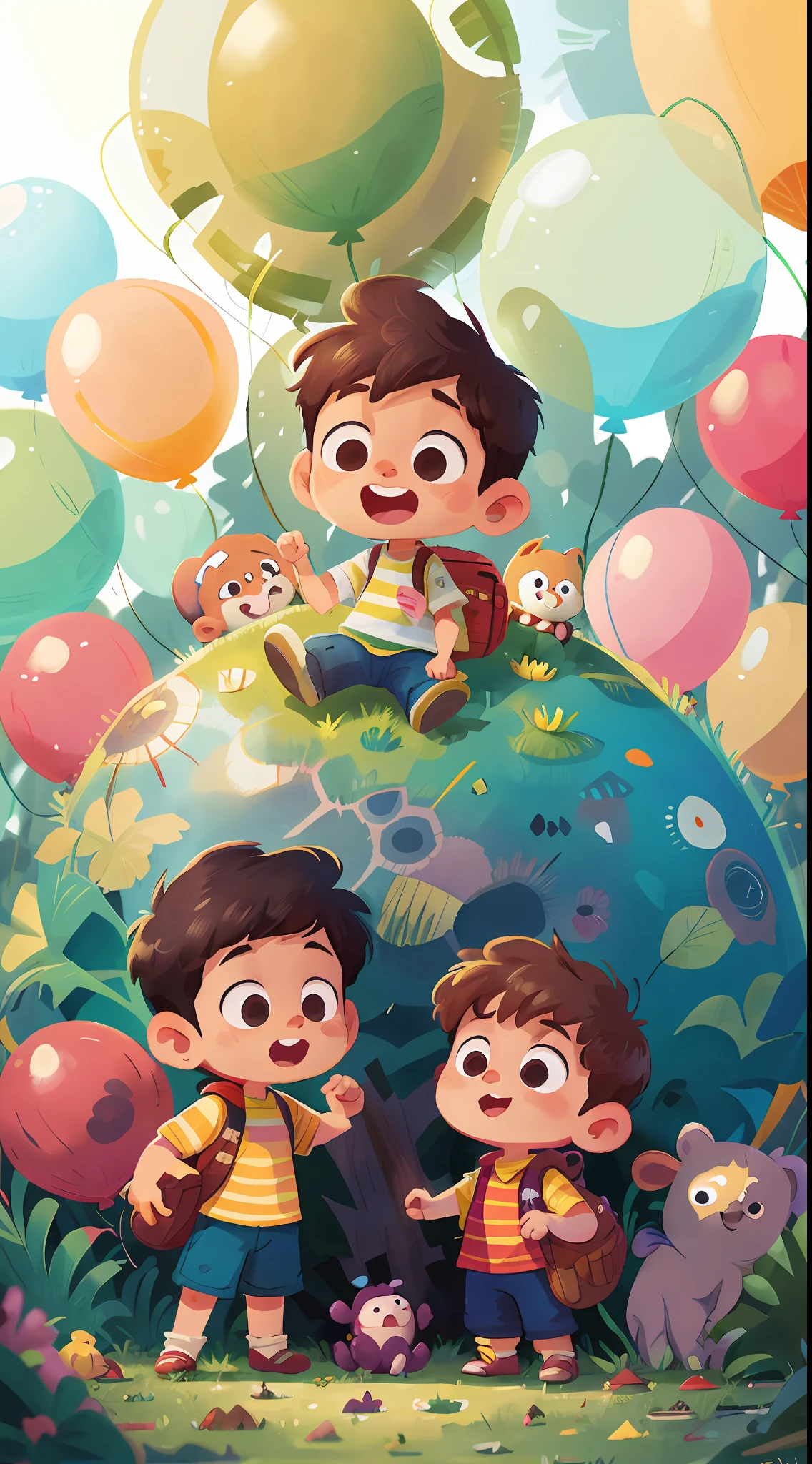 A boy, zoo, many balloons, happy, happy, perfect quality, clear focus (clutter - home: 0.8), (masterpiece: 1.2) (realistic: 1.2) (bokeh) (best quality) (detailed skin: 1.3) (complex details) (8K) (detail eyes) (sharp focus), (happy) full body, two children, clean background, long view composition, 85MM SHOT
