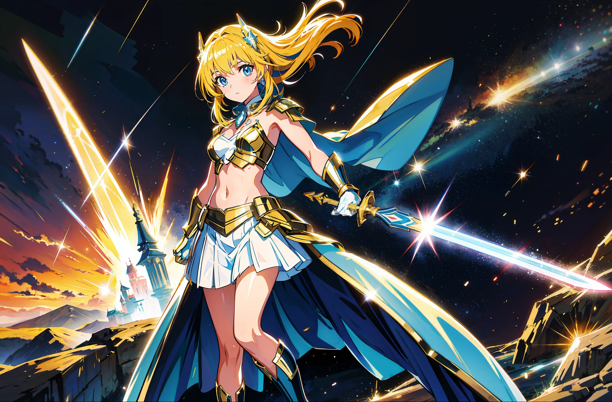 1 girl, masterpiece, macross delta splash art, best quality, small breasts, knight armor, midriff, longsword in hand, magic sword, shining armor, long blue cape, detailed eyes, sparkling eyes, beautiful hands, highly detailed hands, straight hands, shiny skin, shiny hair, blue eyes, light blonde hair, tall, long hair, straight hair, full body, castle in background