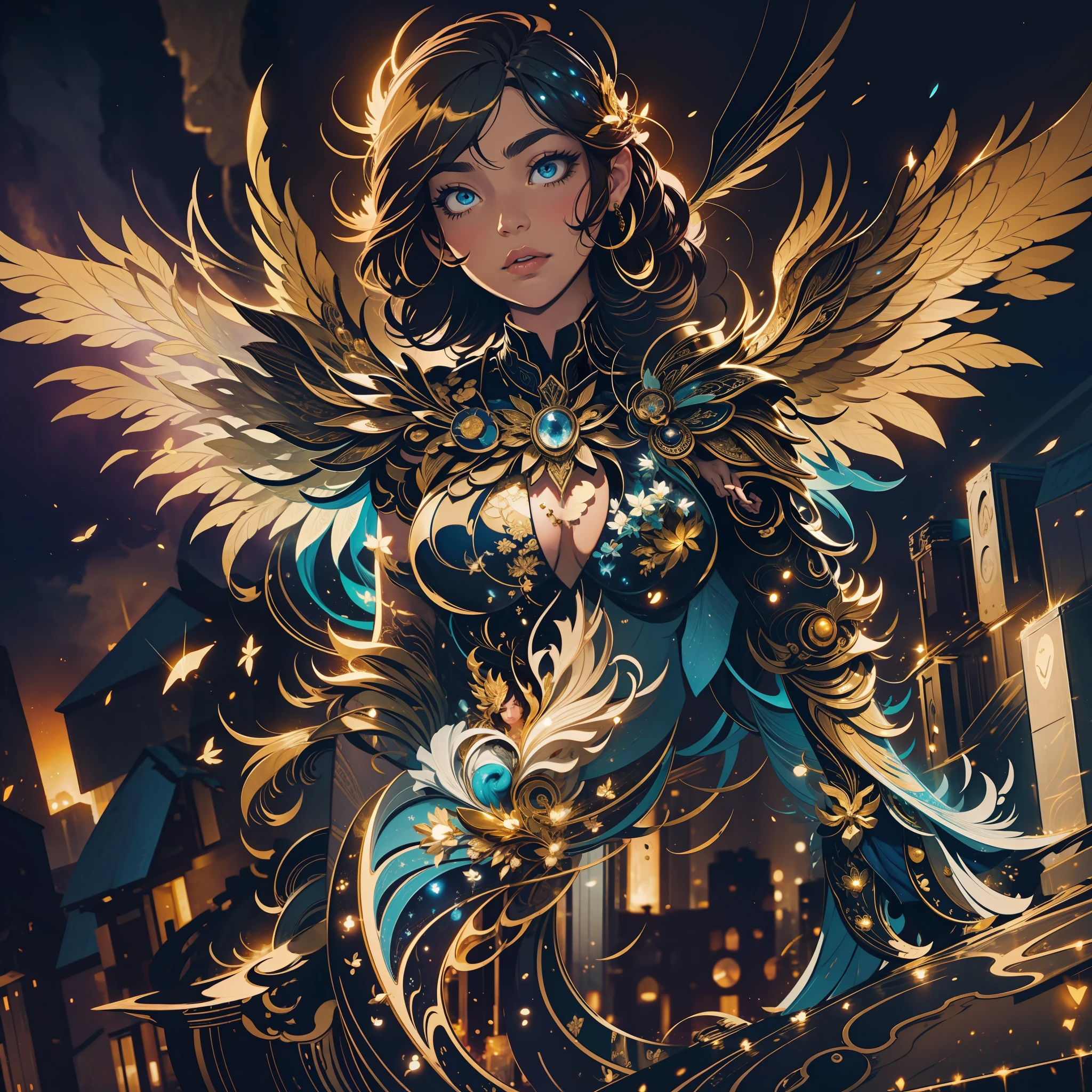 This image depicts an angel woman hovering over a city at night. The city lights create a golden and dramatic atmosphere, while its delicate presence and dark wings contrast with the urban environment. The woman seems protective and vigilant.