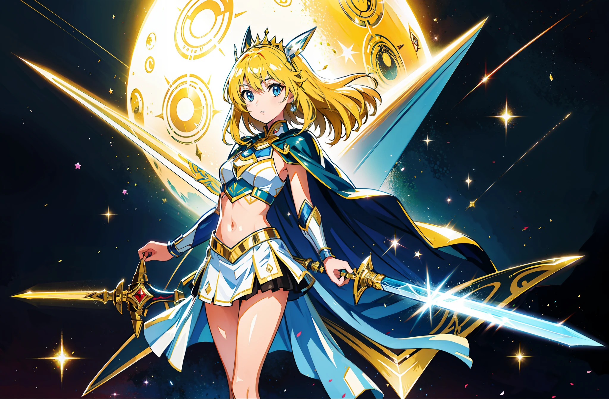 1 girl, masterpiece, macross delta splash art, best quality, small breasts, knight armor, midriff, longsword in hand, magic sword, shining armor, long blue cape, detailed eyes, sparkling eyes, beautiful hands, highly detailed hands, straight hands, shiny skin, shiny hair, blue eyes, light blonde hair, tall, long hair, straight hair, full body, castle in background