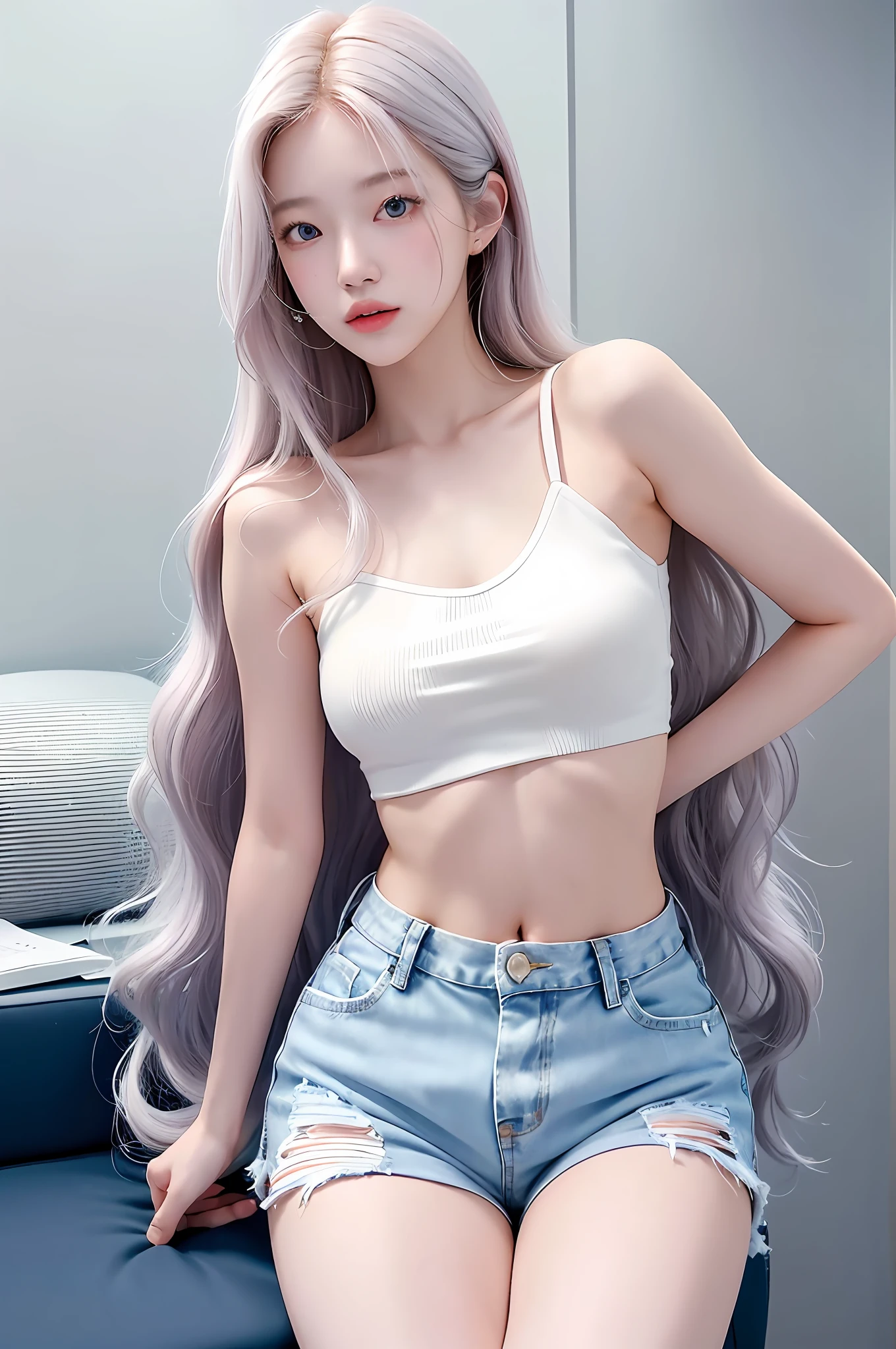 "Create a photorealistic, high resolution image featuring a stunning Korean girl with white wavy hair, heterochromatic eyes, and a small mole below her eye. She wears a loose white shirt and tight jean shorts that accentuate her large breasts and thickest thighs."