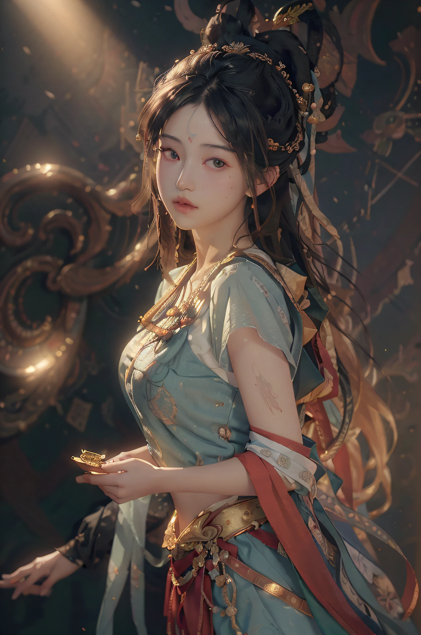 (RAW photo, best quality), (realistic, photo-realistic:1.3),best quality,highly detailed,masterpiece,ultra-detailed,illustration,1girl,upper_body,dynamic angle,world masterpiece theater,messy_long_hair,best quality,extremely detailed CG unity 8k wallpaper,ink,Amazing,cinematic lighting,lens_flare, dunhuang_style