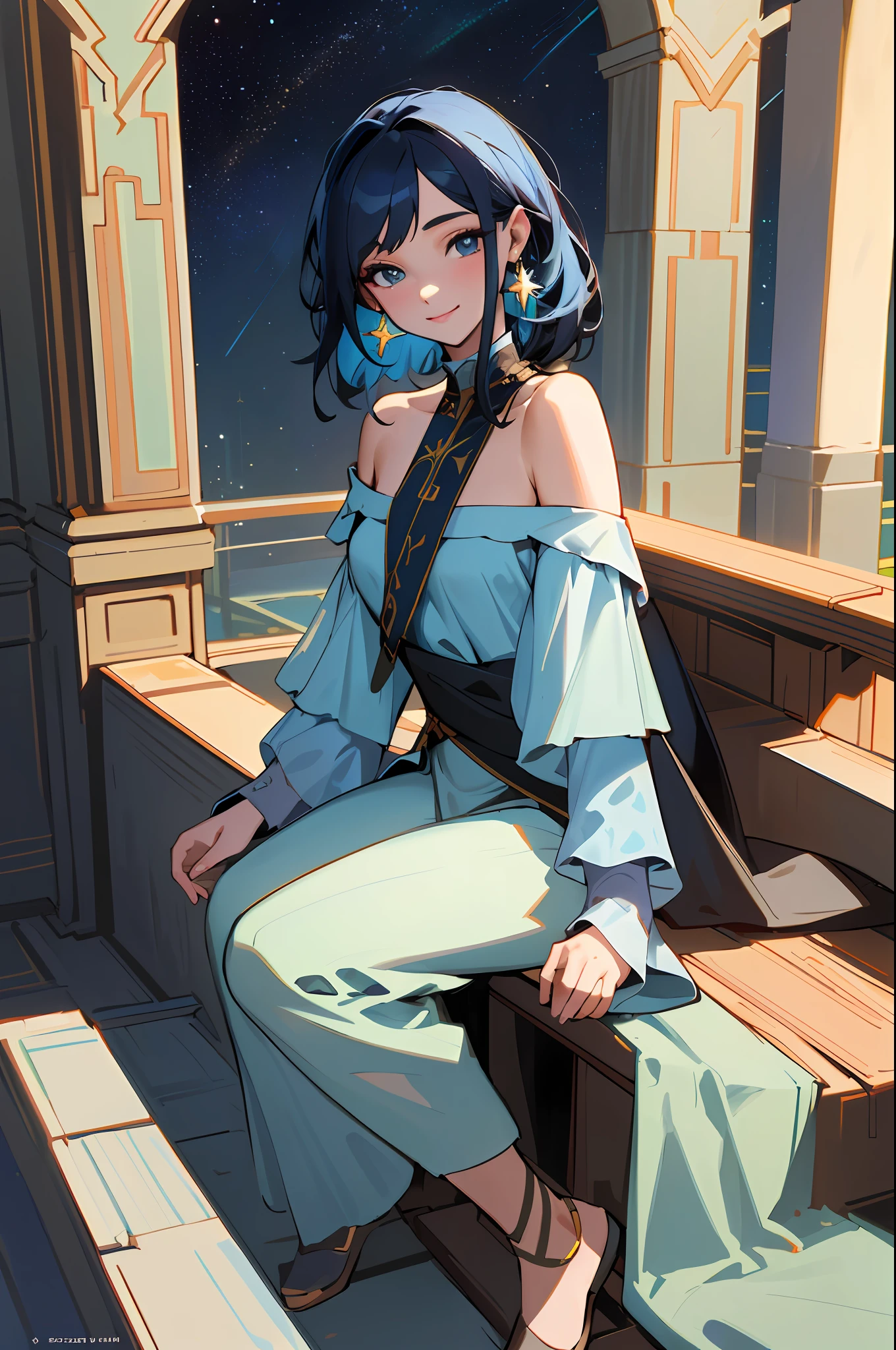 Jasmine, single girl, ((Skin Blue))(( yallow eyes)) ,solo, looking at the viewer, smile, shirt, bare shoulders, jewelry, sitting, full body, flower, earrings, pants, off shoulder, short top, make-up, sitting on the edge of the palace balcony, white tiles, night, stars  , Off Shoulder Shirt (Realism: 1.2), (Realism), (Masterpiece: 1.2), (Best Quality), (Highly Detailed), (8k, 4k, Intricate), (Full Body Shot: 1), (85  mm), light particles, lighting, (highly detailed: 1.2), (face detailed: 1.2), (gradients), sfw, color, (eyes detailed: 1.2) (background detailed), landscape detailed, (dynamic angle: 1.2  ), (dynamic mode: 1.2), (third configuration rule: 1.3), (work path: 1.2)
