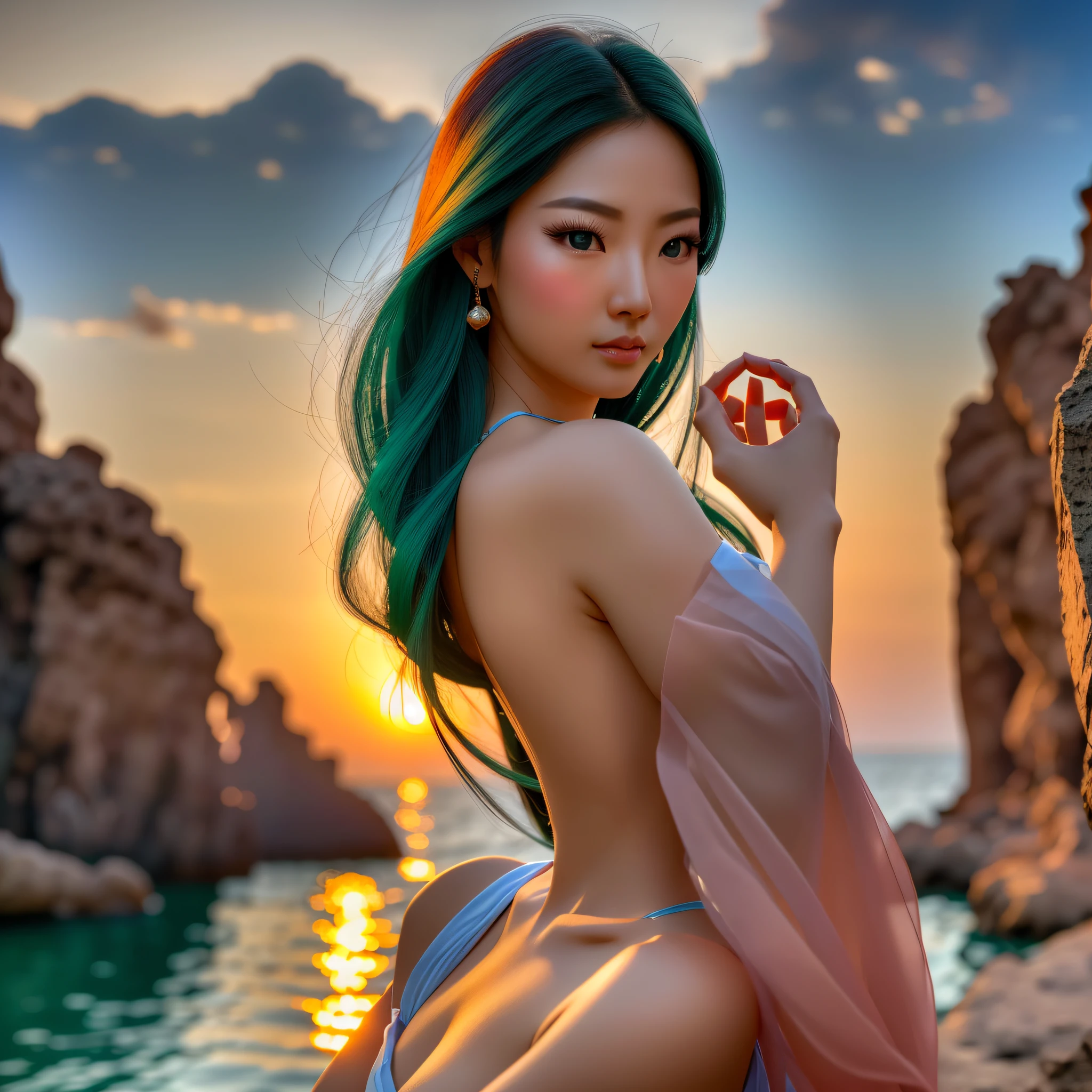 A beautiful oriental woman, photo realistic, looking at the sunset on the horizon with blue-green eyes, beautiful, in 8K, ultra realistic, hyper realistic, with maximum perfection. --auto --s2