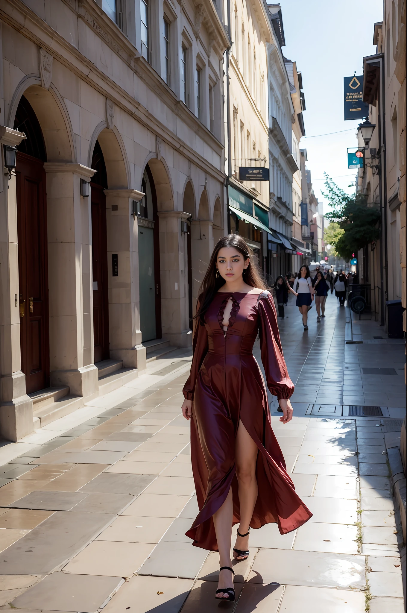 "((masterpiece)), best quality, sensual Victorian dress, happy and elegant Lauren Jauregui walking through a vibrant city, wide shot, exciting scenery in the background, golden light, soft shadows."