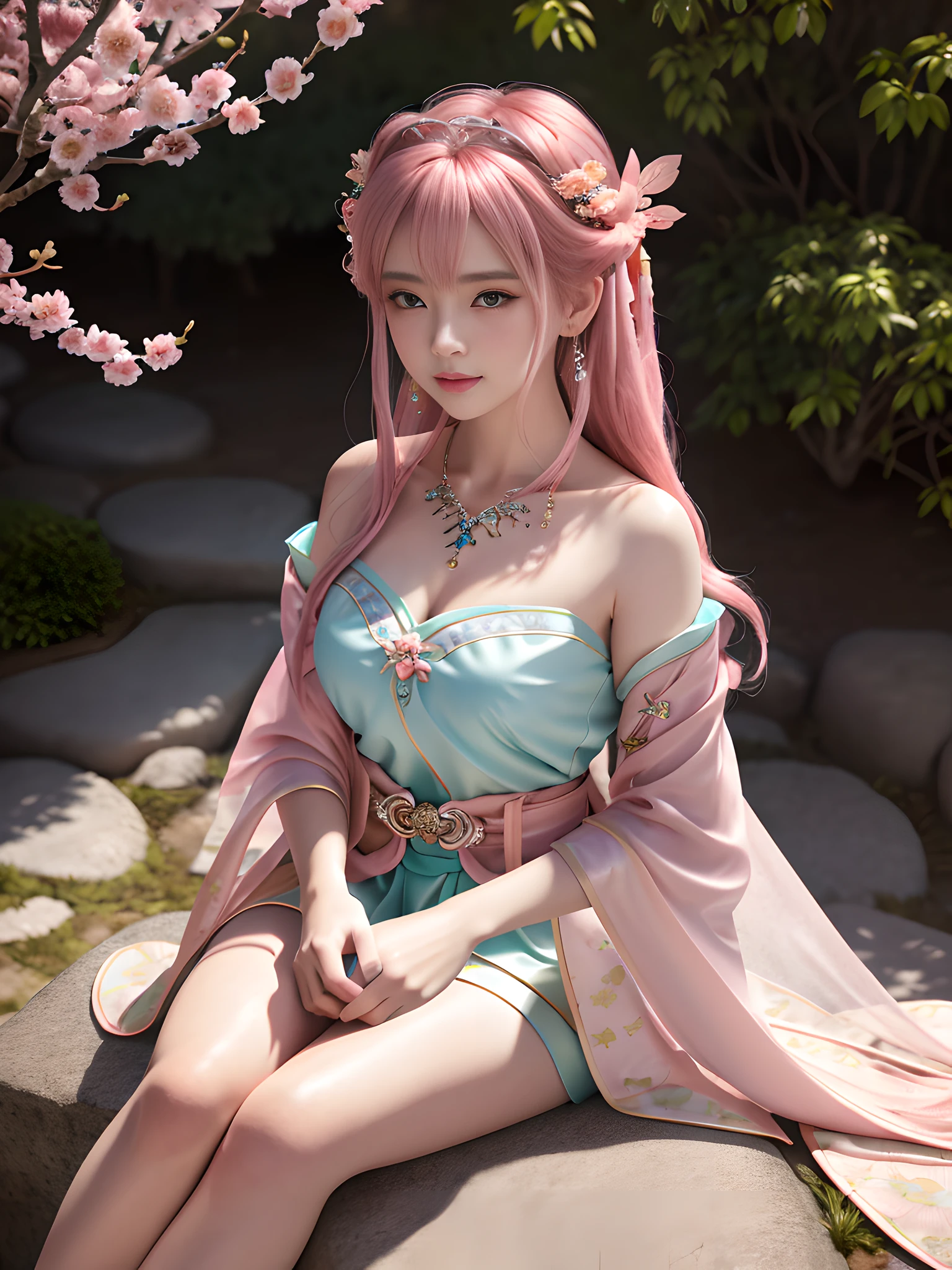 Best Quality, Masterpiece, High Resolution, 4K, 8K, Very Realistic, Real, Photography, Photo, 1girl, Solo, Mature Girl, Fairy, Sitting on Stone, Facing the Audience, Exuding Charm, (Beautiful Hanfu, Gorgeous and Detailed Hanfu), Green Dress, Bandeau, Cleavage, Leaky Shoulders, Beautiful Peugeot Face, (Big Eyes), Blush, Star Eyes, (Very Detailed Skin), Pink Hair, (Beautiful Hair Accessories), Necklace, Jewelry, Slim Figure, Outdoor, Courtyard, Full of Peach Blossoms, Light perception, (high detail skin: 1.2), 8K UHD, DSLR, soft light, high quality, volumetric light, sneak peek, bokeh