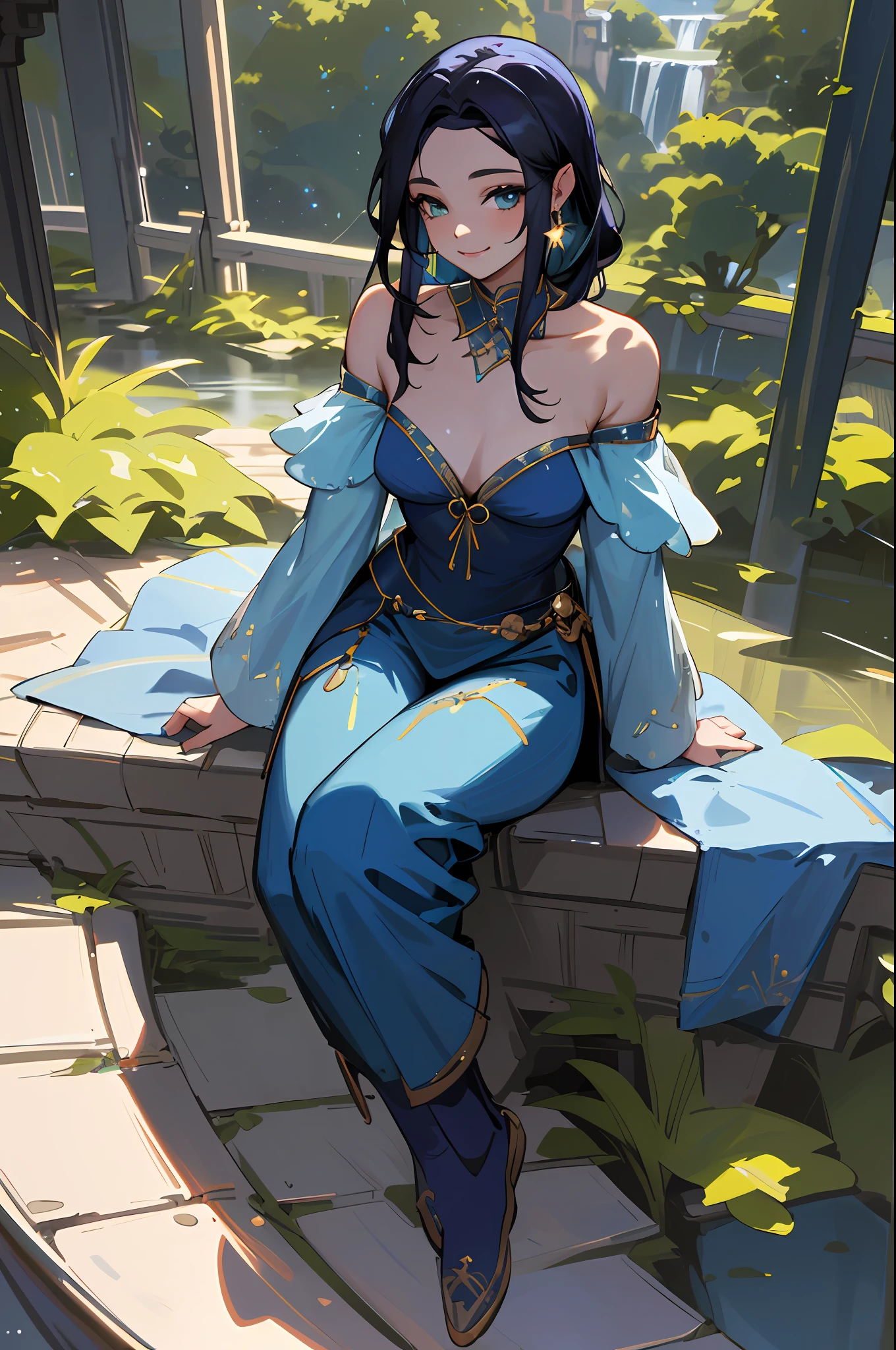 Jasmine, single woman, ((Skin Blue))(( yallow eyes)) ,solo, looking at the viewer, smile, shirt, bare shoulders, jewelry, sitting, full body, flower, earrings, pants, off shoulder, short top, make-up, sitting on the edge of the palace balcony, white tiles, night, stars , Off Shoulder Shirt (Realism: 1.2), (Realism), (Masterpiece: 1.2), (Best Quality), (Highly Detailed), (8k, 4k, Intricate), (Full Body Shot: 1), (85 mm), light particles, lighting, (highly detailed: 1.2), (face detailed: 1.2), (gradients), sfw, color, (eyes detailed: 1.2) (background detailed), landscape detailed, (dynamic angle: 1.2 ), (dynamic mode: 1.2), (third configuration rule: 1.3), (work path: 1.2)