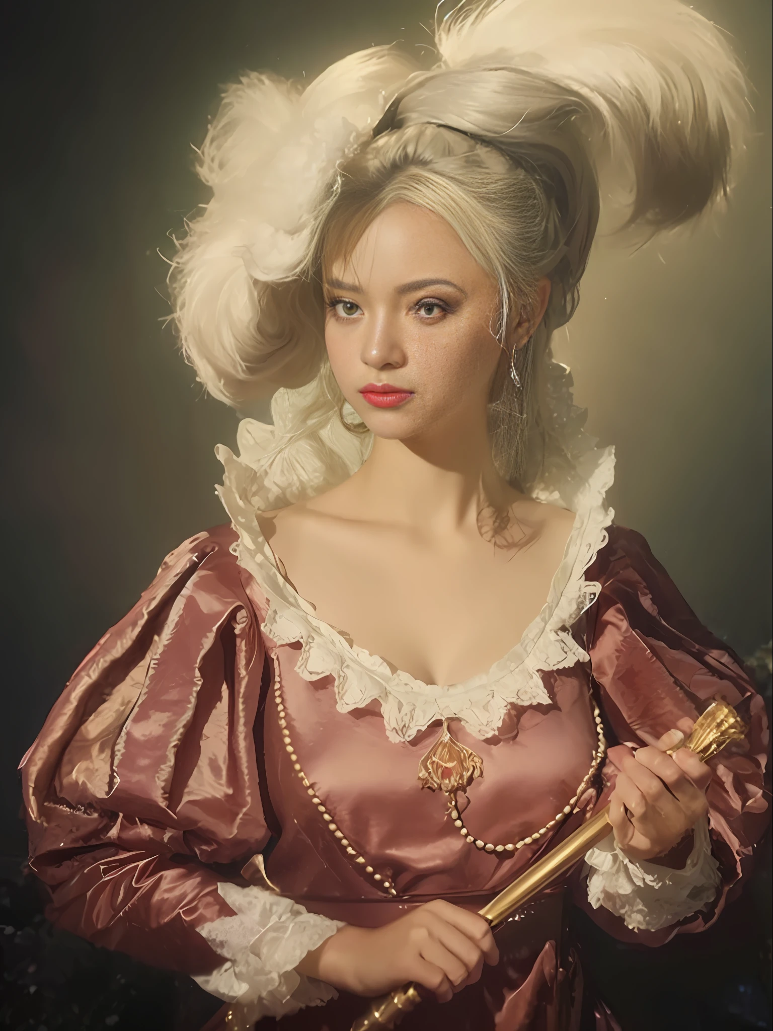masterpiece, (front focus), surrealist female portrait, fantasy art, realism, dynamic lighting, art station, poster, volumetric lighting, highly detailed face, black and fluffy eyes, shiny pupils, 4K, award-winning, 1 girl, understated, full body shot, (official attire: 1.4,pleated lace dress), white hair,